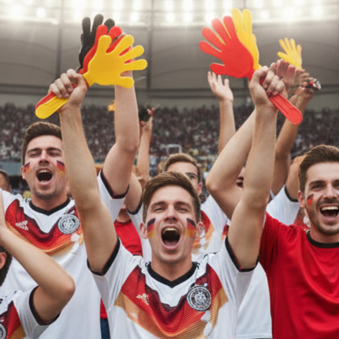 Fans jubeln mit Deutschland-Flaggen in den Farben Schwarz, Rot und Gelb.