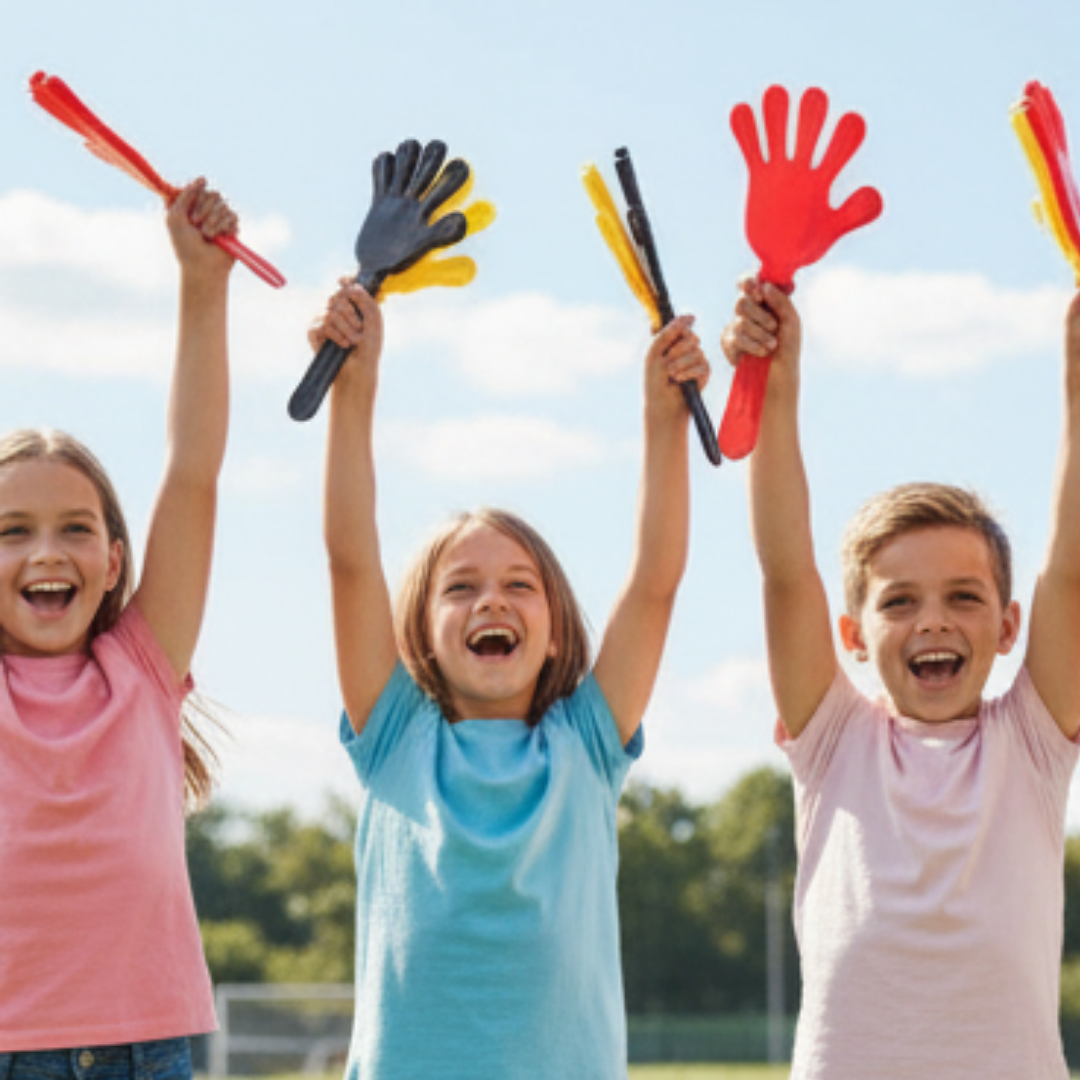 Drei Kinder jubeln mit bunten Rasseln vor blauem Himmel.