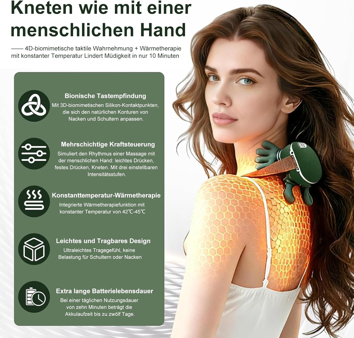 Frau mit Nackenmassagegerät, das Wärme und Kneten bietet.