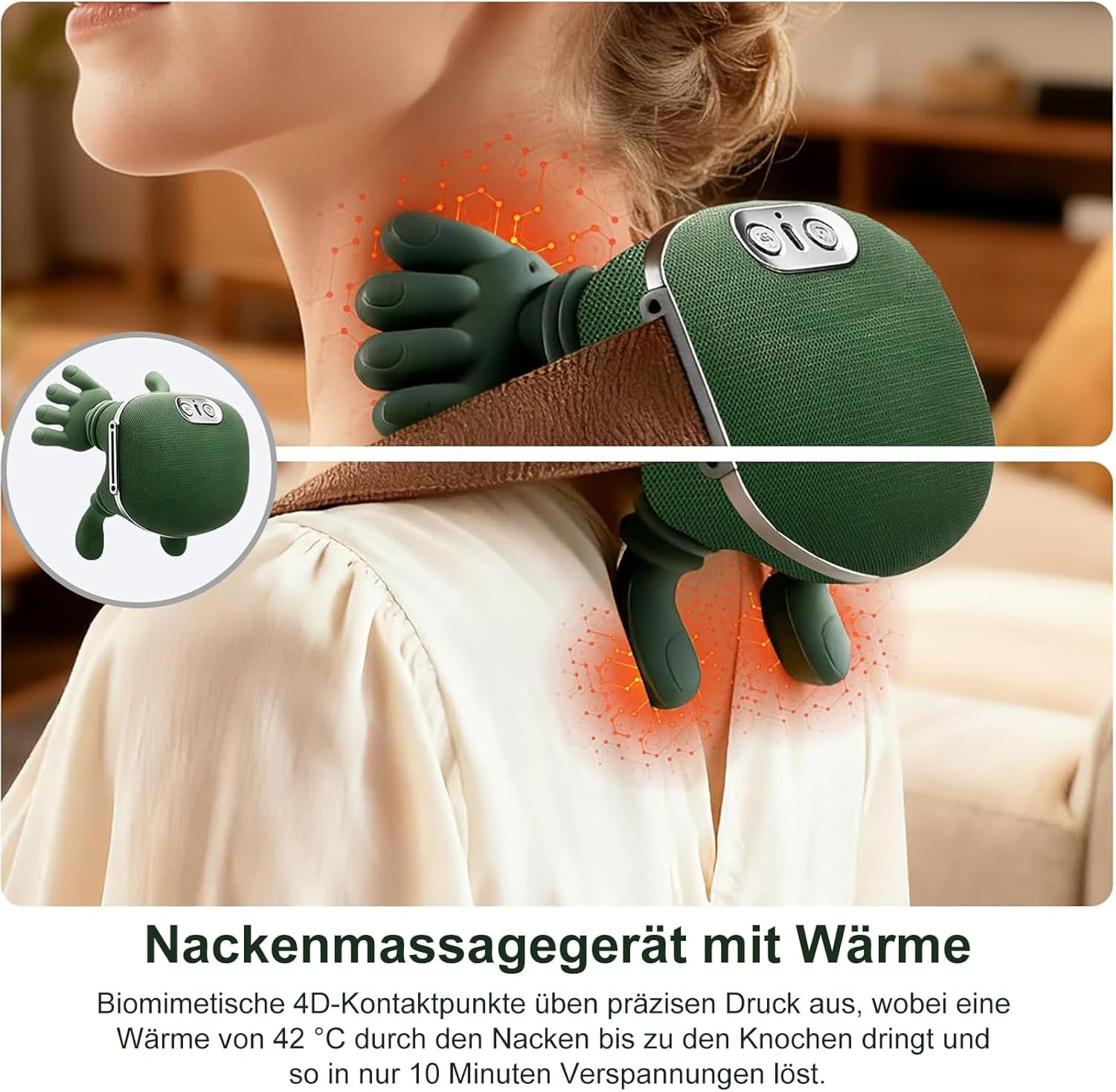Grünes Nackenmassagegerät mit Wärmefunktion, das auf den Nacken aufgesetzt ist.