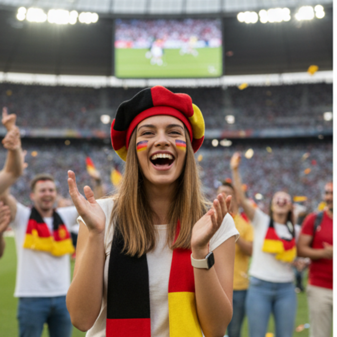 Eine Frau in deutschen Farben jubelt bei einem Fußballspiel. Konfetti fällt um sie herum.