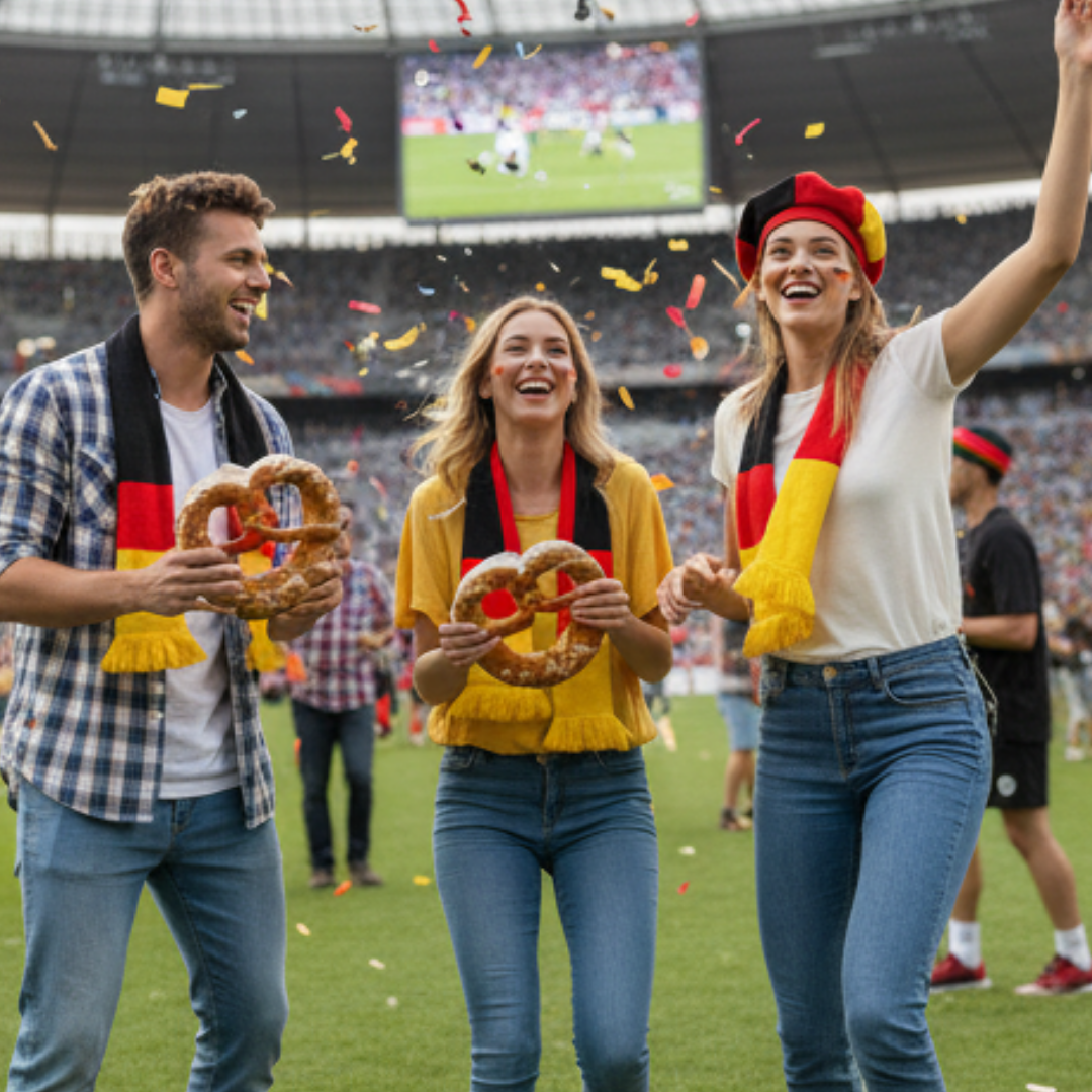 Drei Fans in Deutschland-Trikots jubeln mit Brezeln bei einem Fußballspiel, Konfetti fällt.