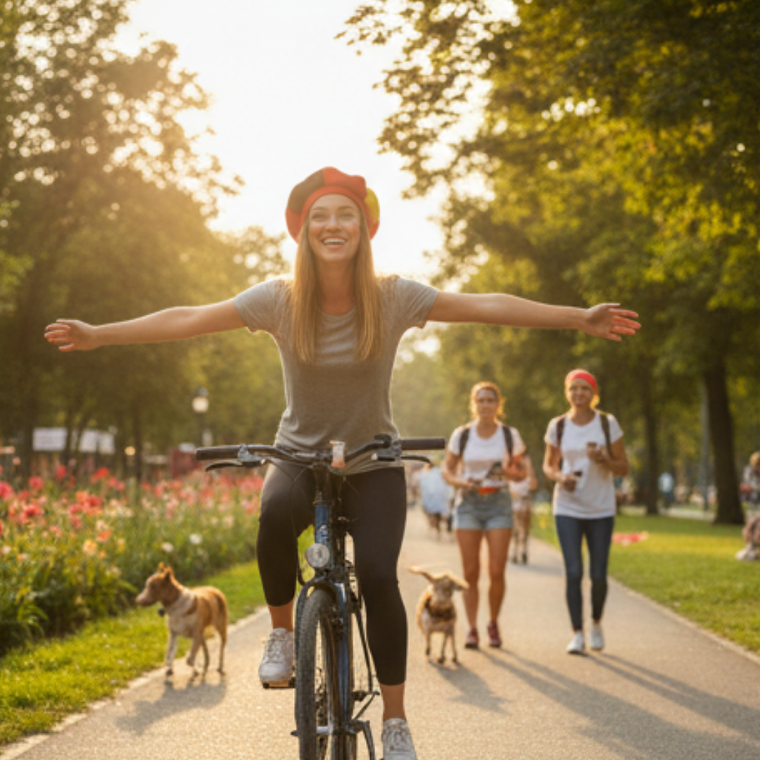 Frau fährt Fahrrad im Park mit zwei Hunden, zwei Frauen gehen hinter ihr.