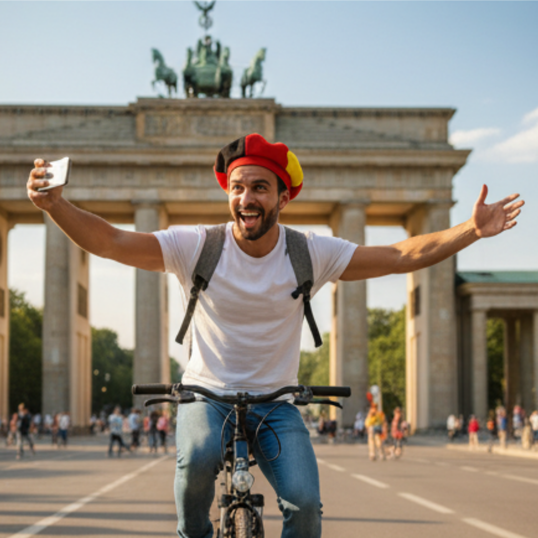 Mann auf Fahrrad macht Selfie am Brandenburger Tor, trägt bunte Mütze.