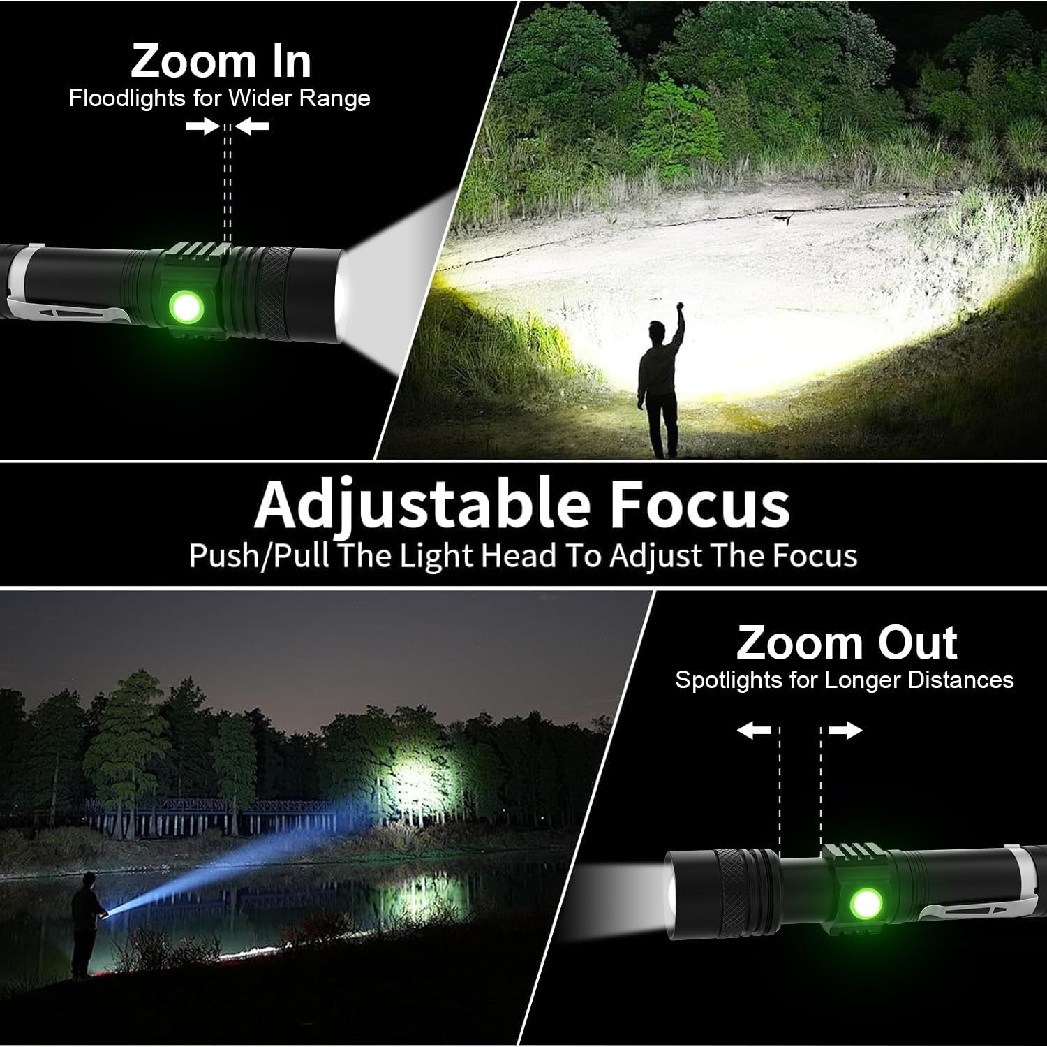 Taschenlampe mit einstellbarem Fokus, zeigt Zoom In/Out für verschiedene Reichweiten.