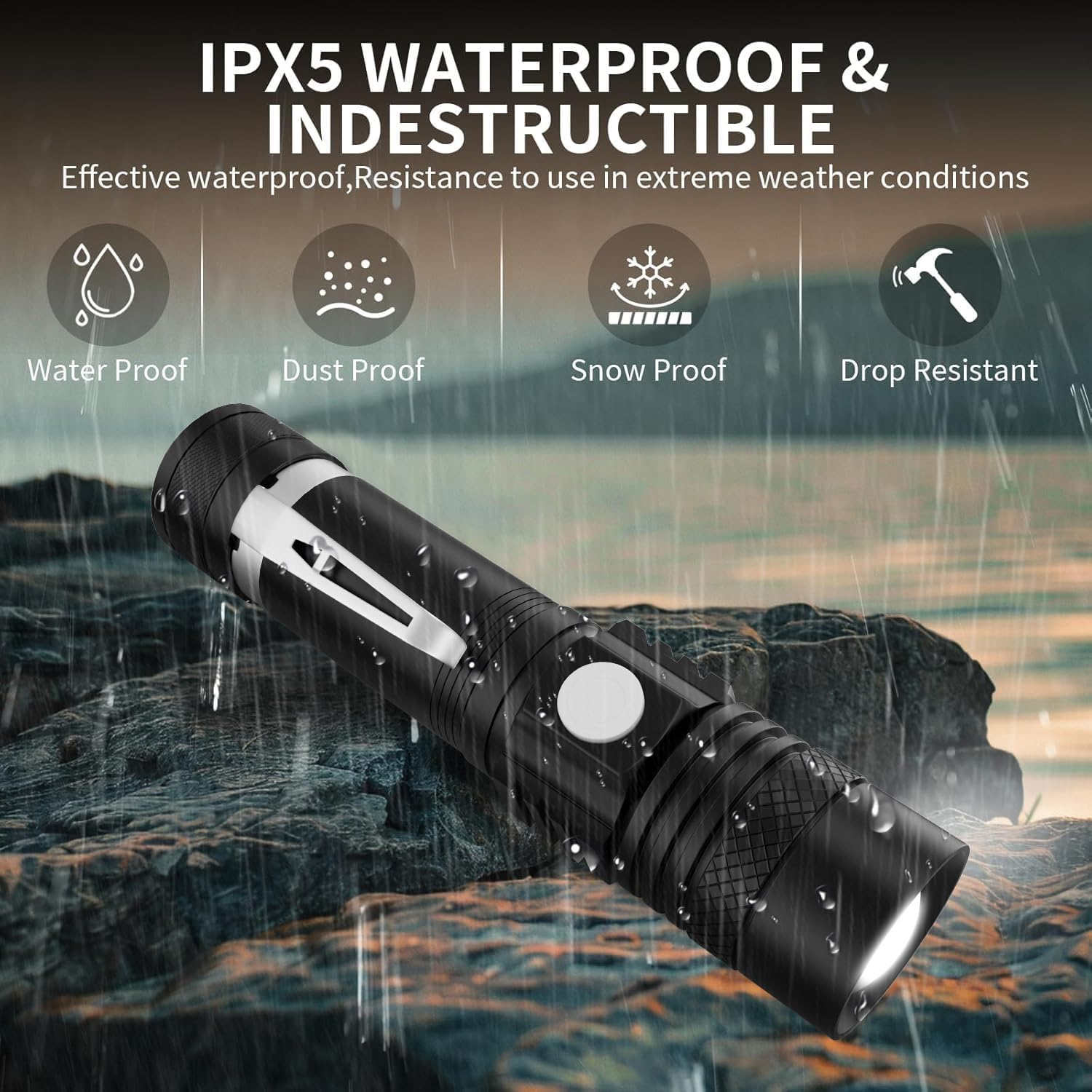 Schwarze Taschenlampe mit IPX5 wasserdicht, staubdicht, schneesicher, stoßfest.