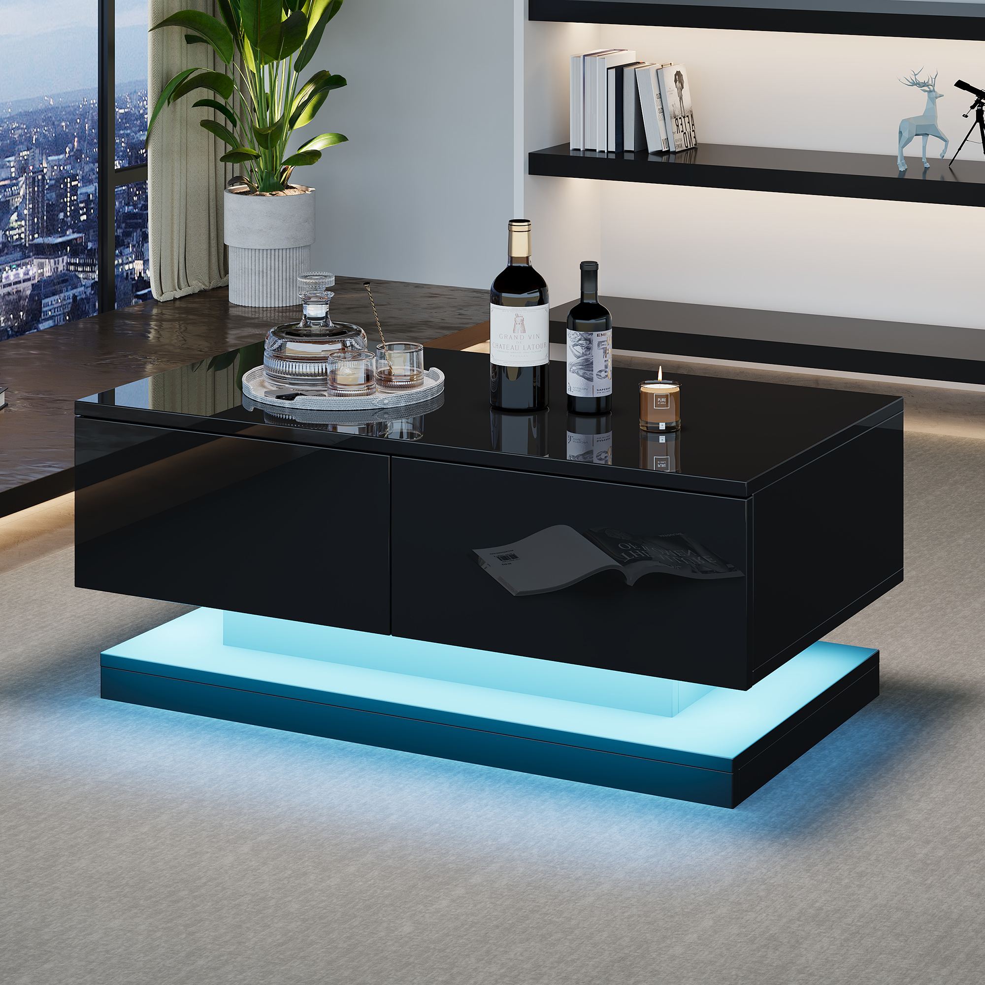 Ein moderner schwarzer Couchtisch mit LED-Beleuchtung steht in einem stilvollen Wohnzimmer.