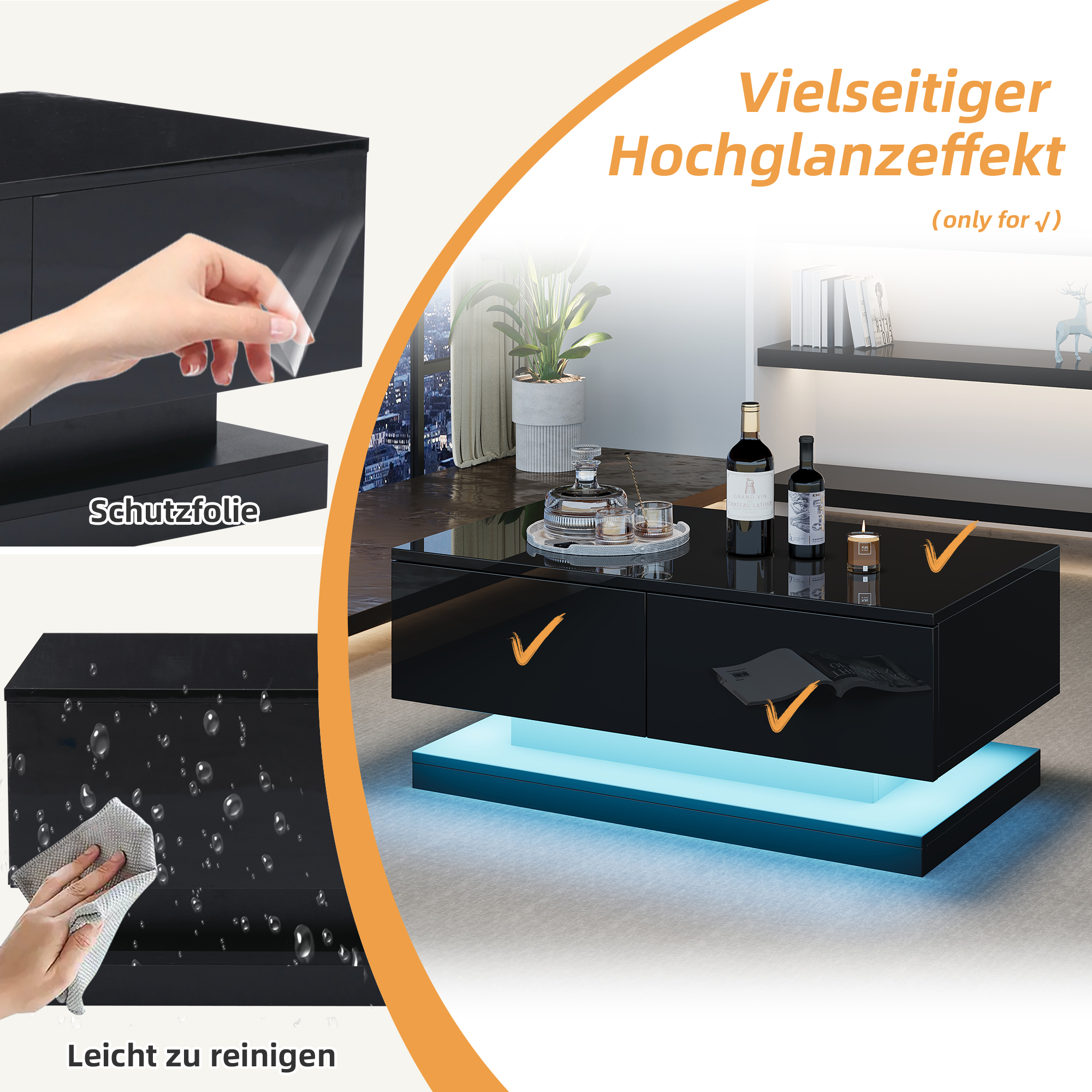 Schwarzer Couchtisch mit Beleuchtung, Schutzfolie und Reinigungsdemonstration.
