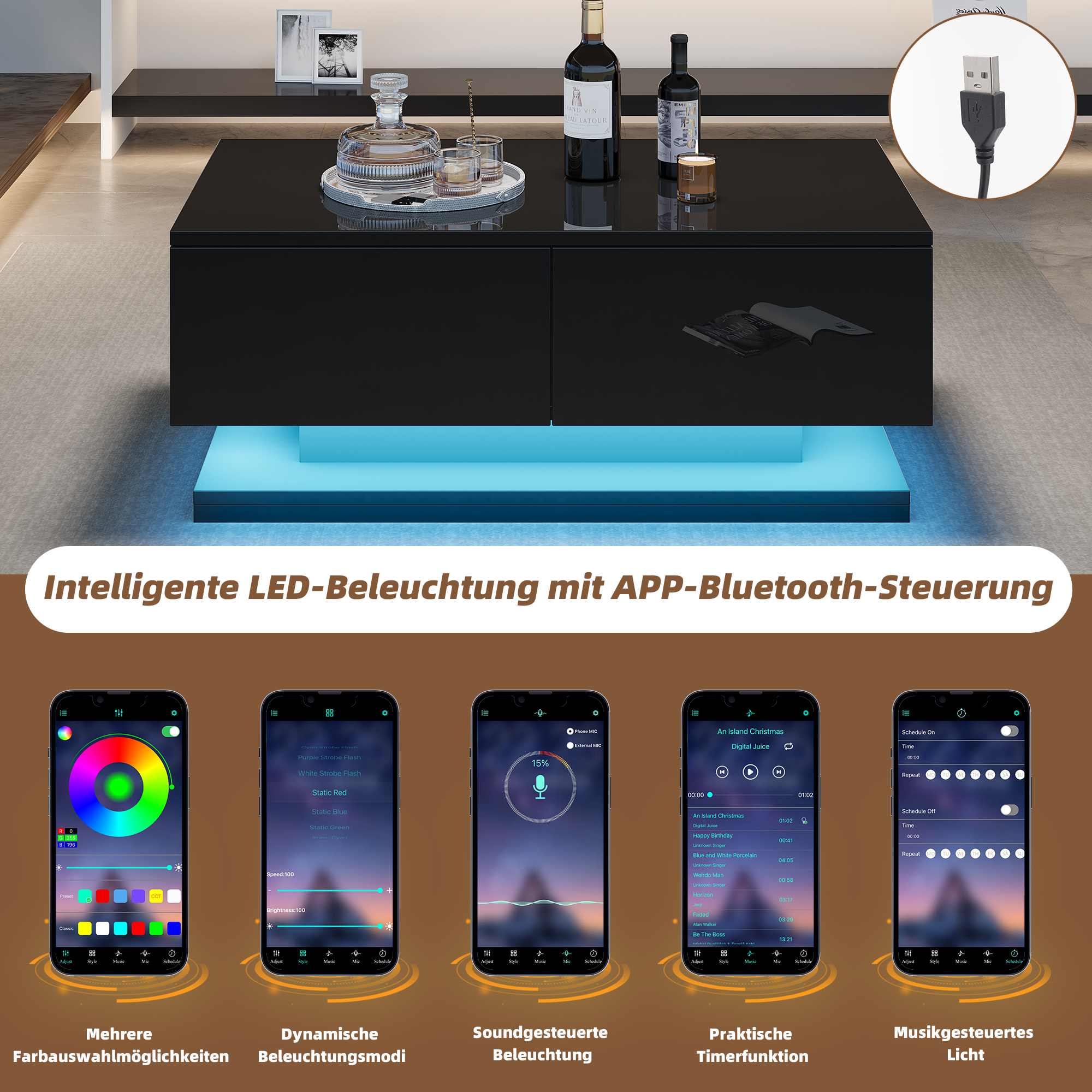 Modernes schwarzes Sideboard mit LED-Beleuchtung und App-Steuerung.