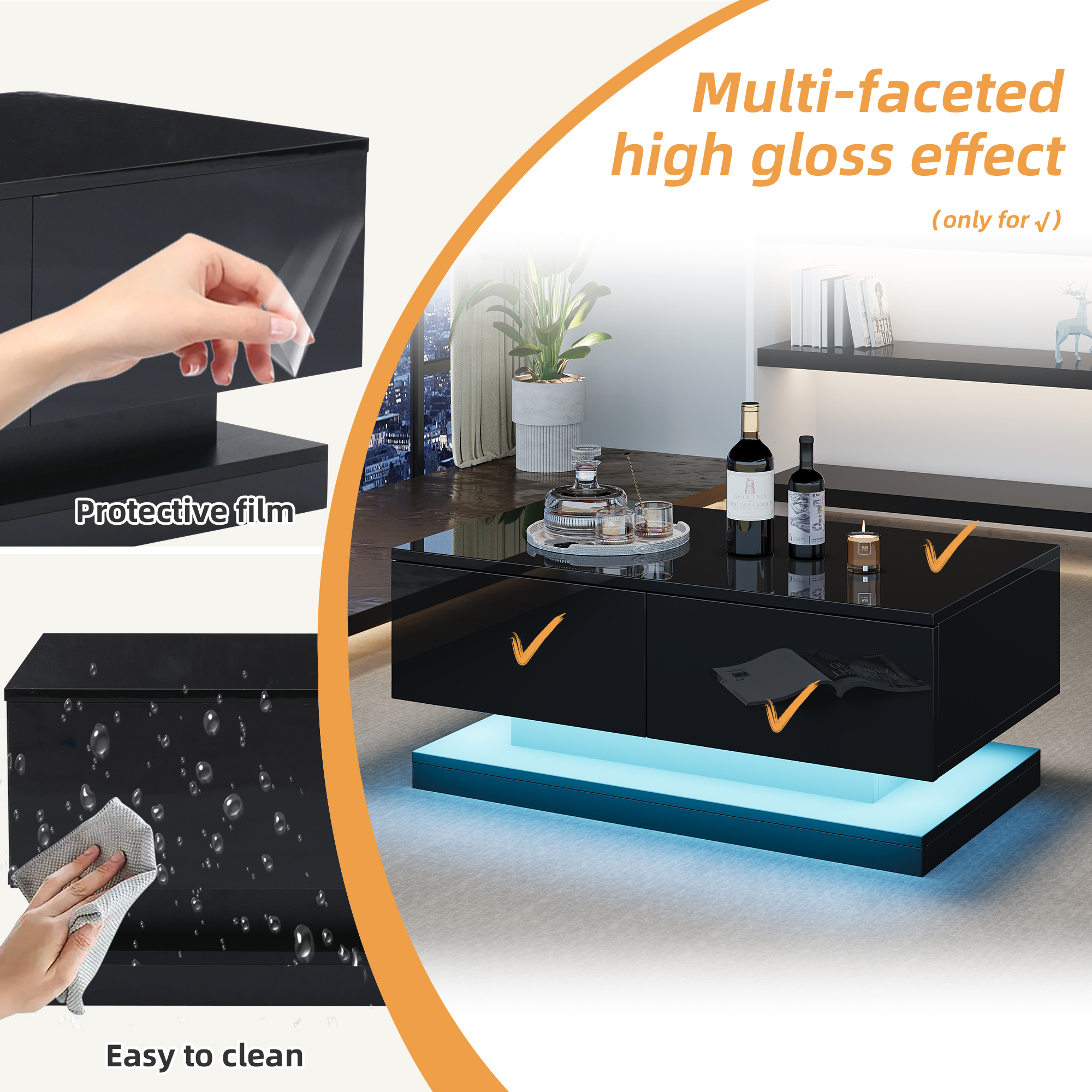 Schwarzer Couchtisch mit LED-Beleuchtung, Dekorationen und Schutzfolie.