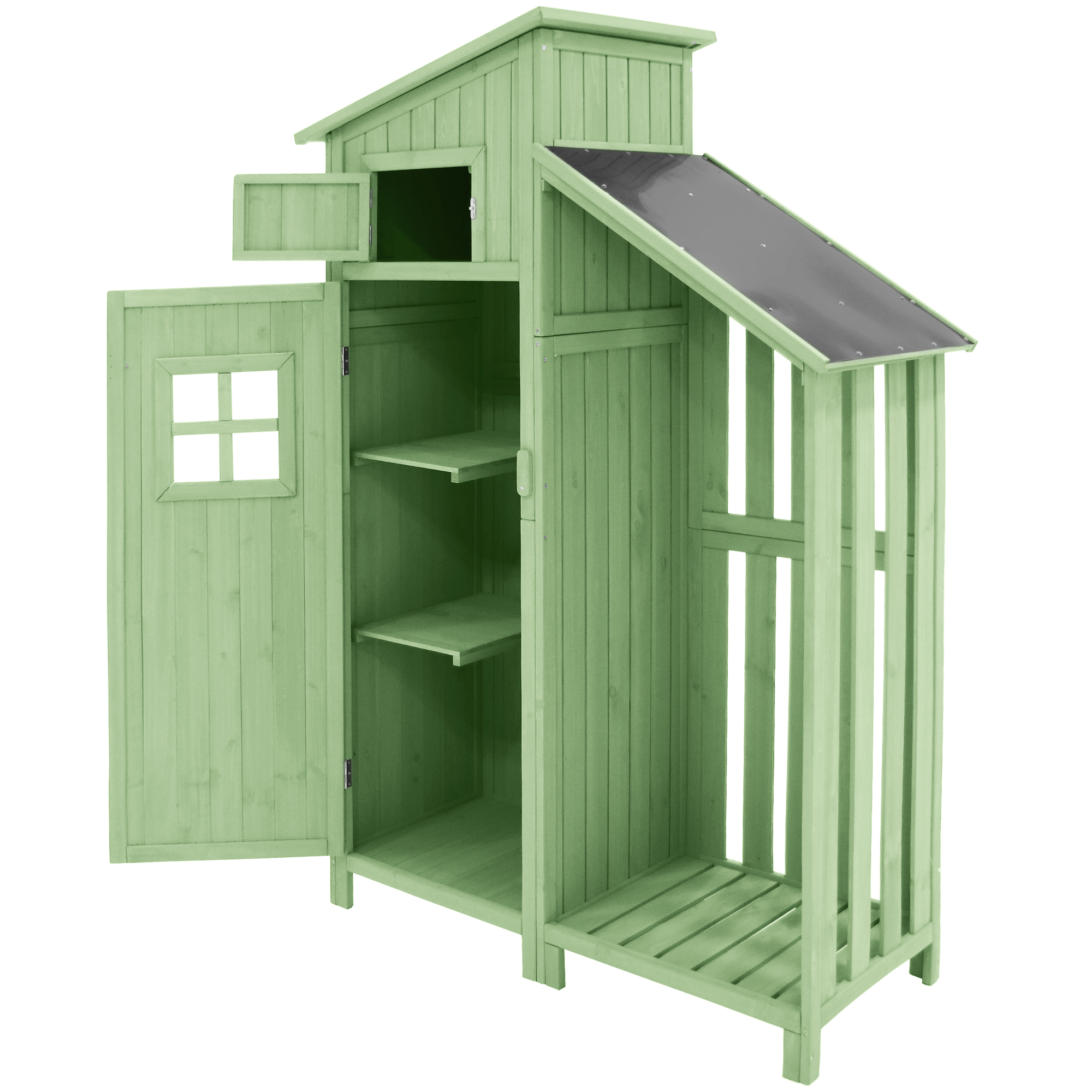 Ein hellgrüner Holzgartenschuppen mit einer offenen Tür und Regalen darin.