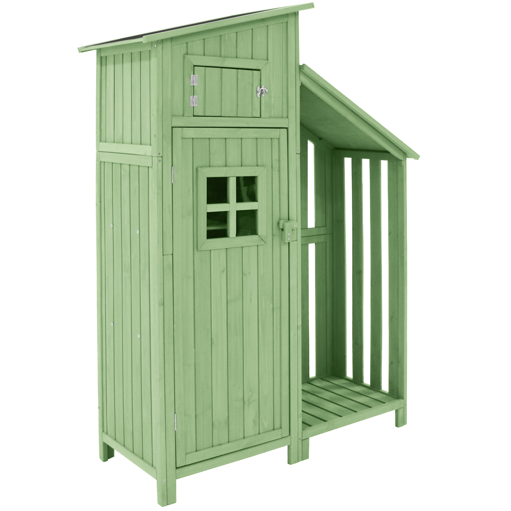 Ein grüner Holzschuppen mit einem Fenster und einer offenen Seite.