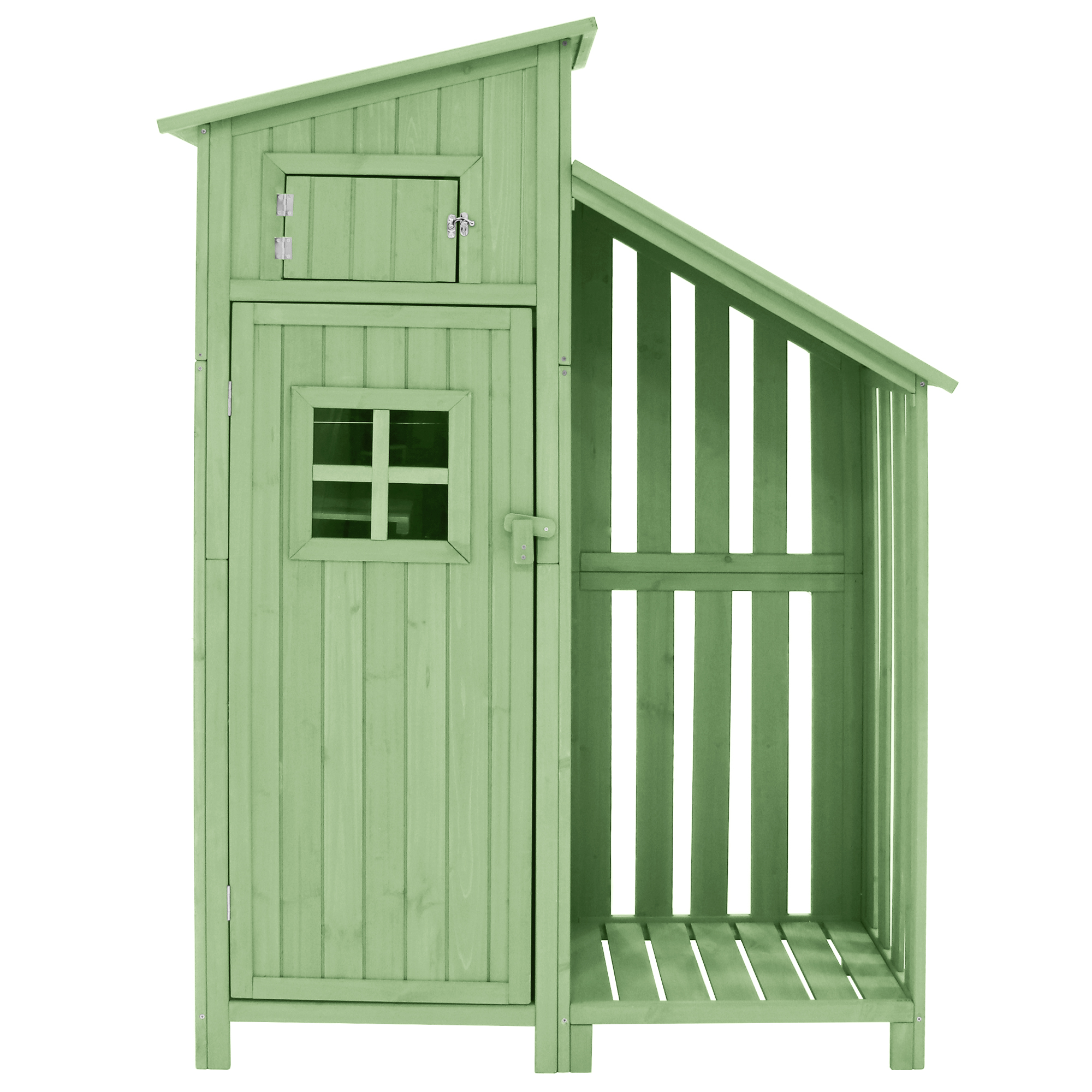 Grüne Holzschuppen mit Dach, Tür, Fenster und offenem Regalbereich.