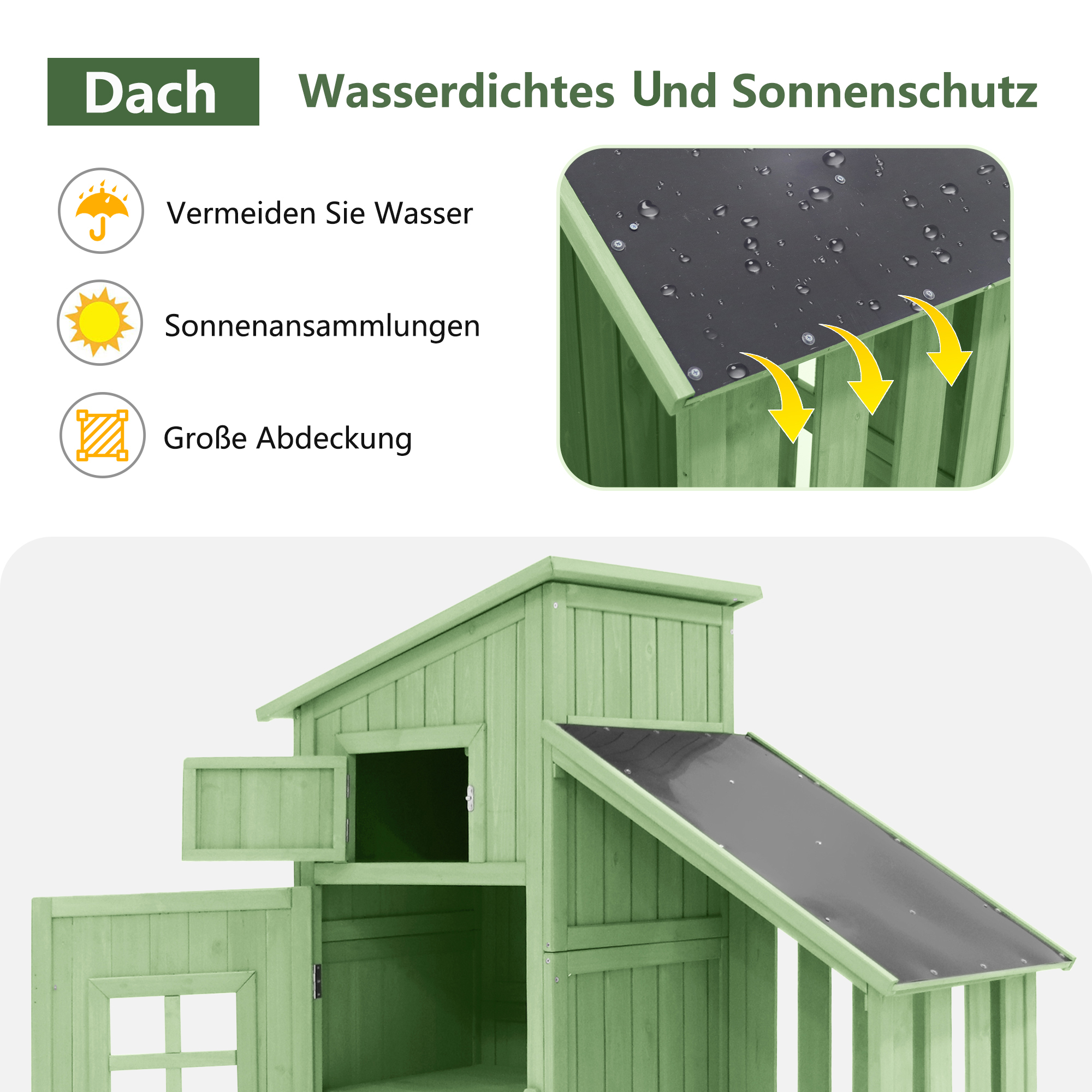 Grünes Holzhaus mit wasserdichtem Dach und geöffneten Türen.