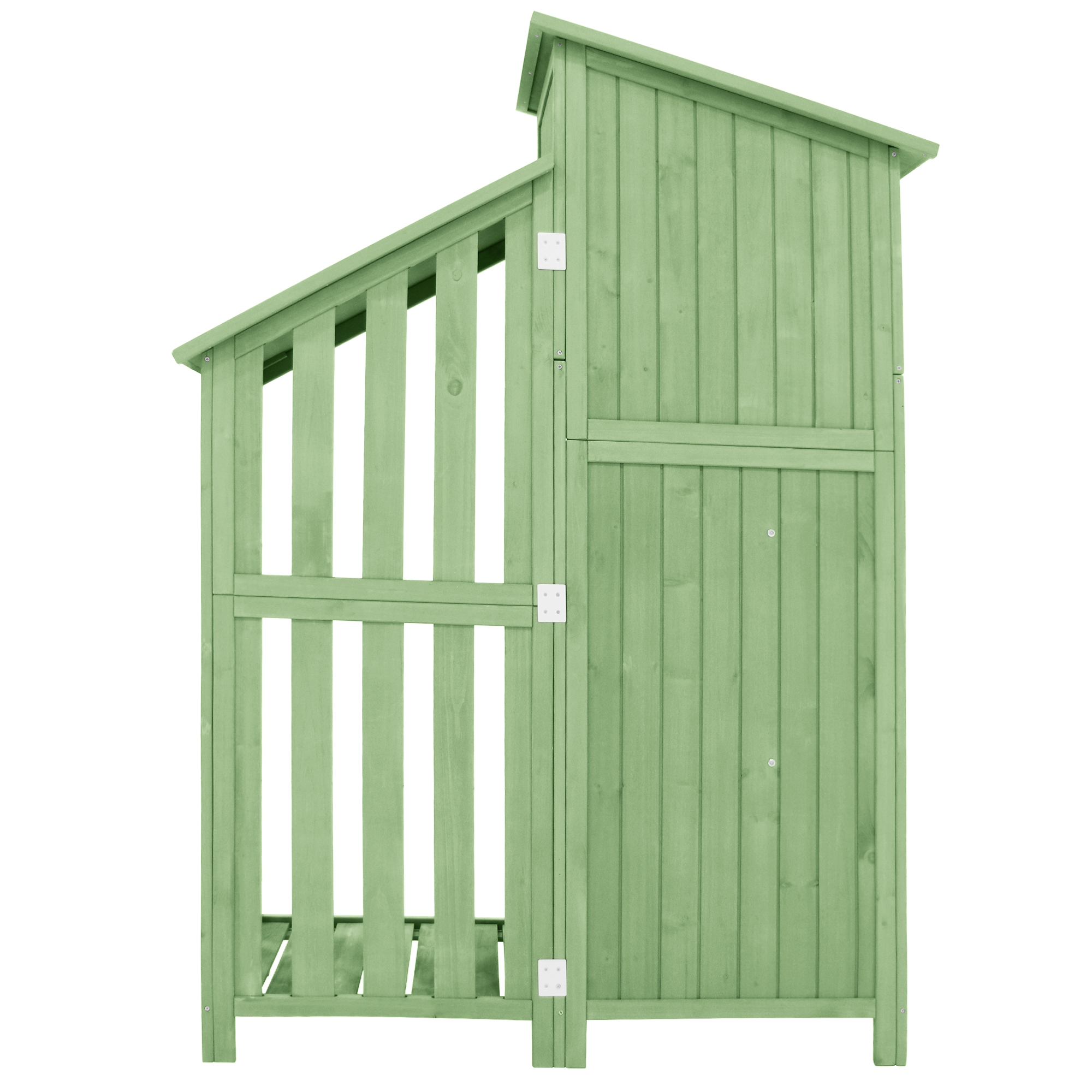 Ein grüner Holzschuppen mit schrägen Dachlinien und Lattenzaunfront.