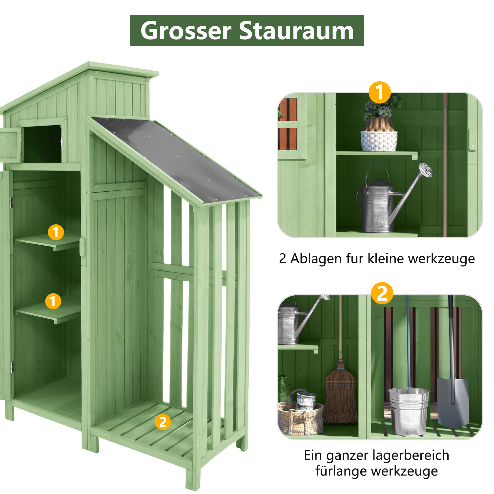 Grüne Holzschuppen mit Regalen für Werkzeuge und Pflanzen.