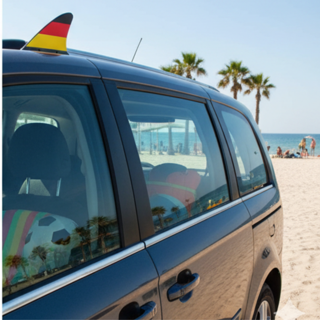Dunkelgrauer Minivan am Strand mit Deutschland-Flossen-Aufkleber. Strand und Meer im Hintergrund.