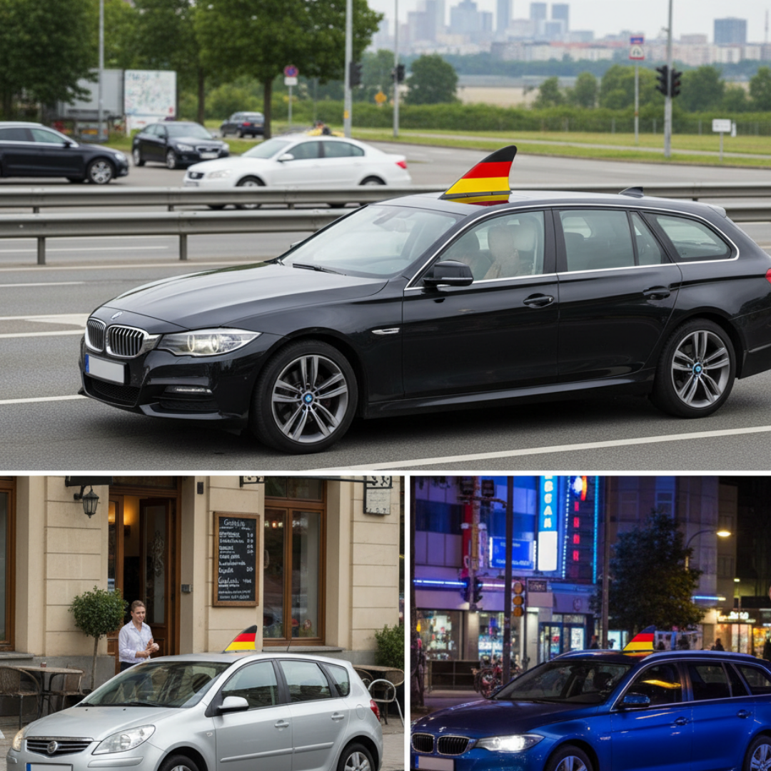 Drei Autos mit Deutschlandflaggen: Ein schwarzer Kombi auf Autobahn, ein silberner Kleinwagen vor Café, blauer Kombi nachts.