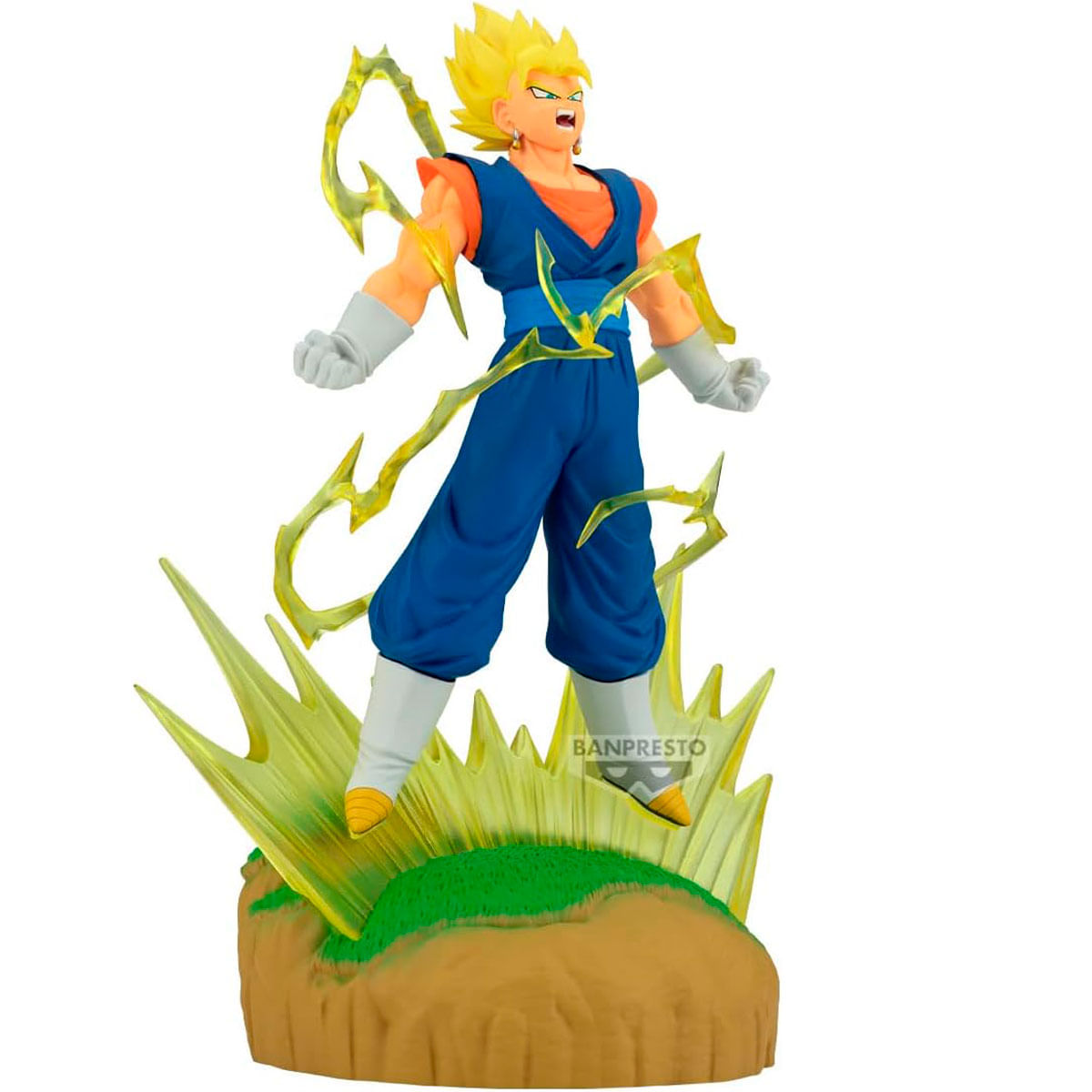 Una figura con capelli gialli in un abito blu, con onde di energia gialla.
