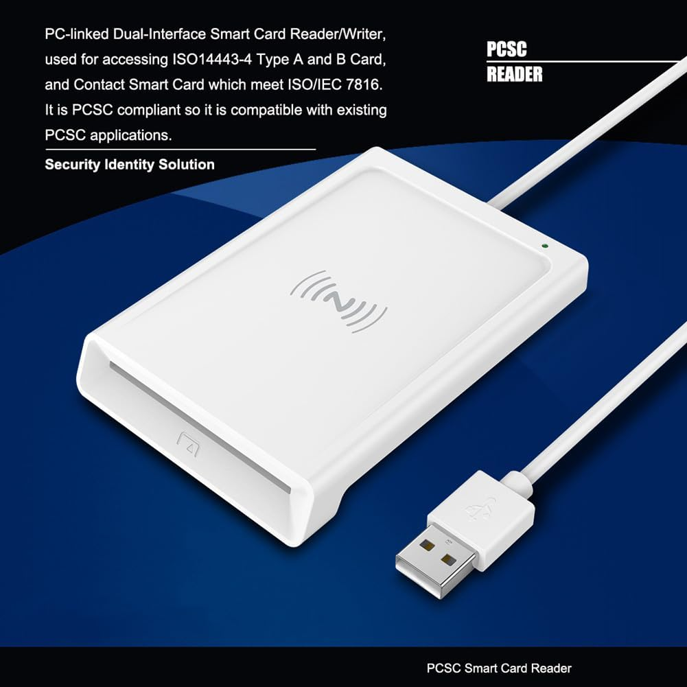 Weißer PCSC-Kartenleser mit USB-Anschluss und RFID-Symbol.