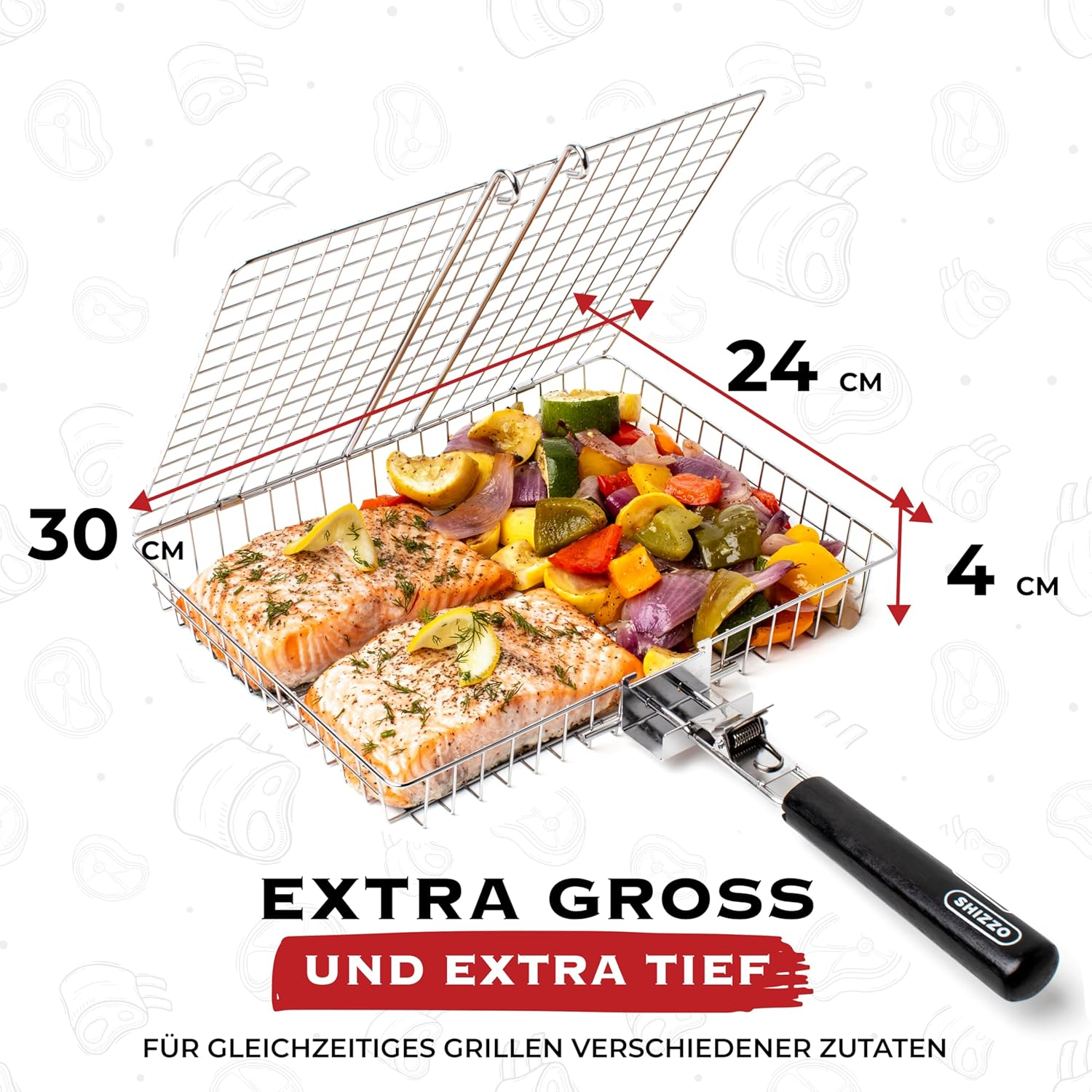 Ein Grillkorb mit Lachsfilets und Gemüse, Maße 30x24x4 cm.