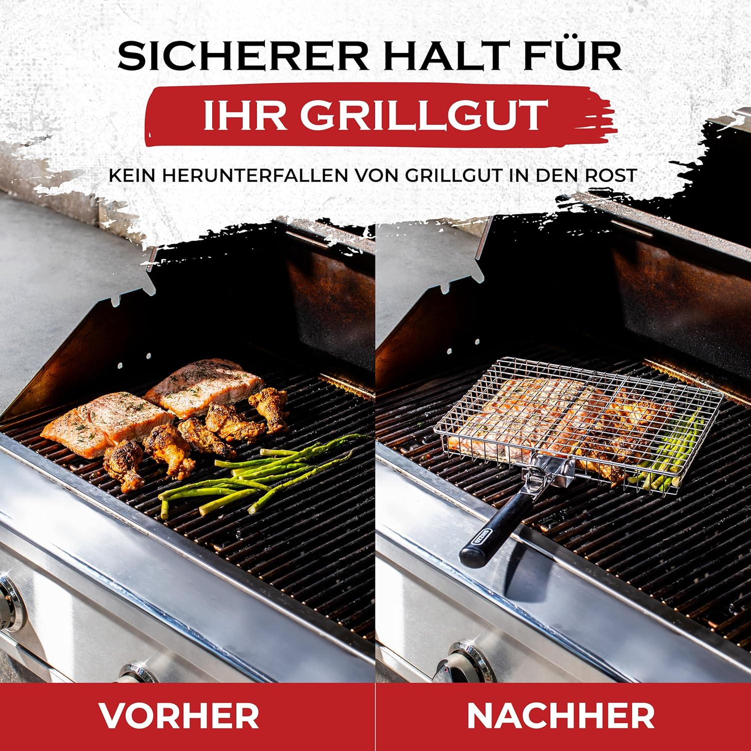 Vorher: Lachs, Hähnchen, Spargel auf Grill. Nachher: Grillkorb mit Lachs und Spargel.