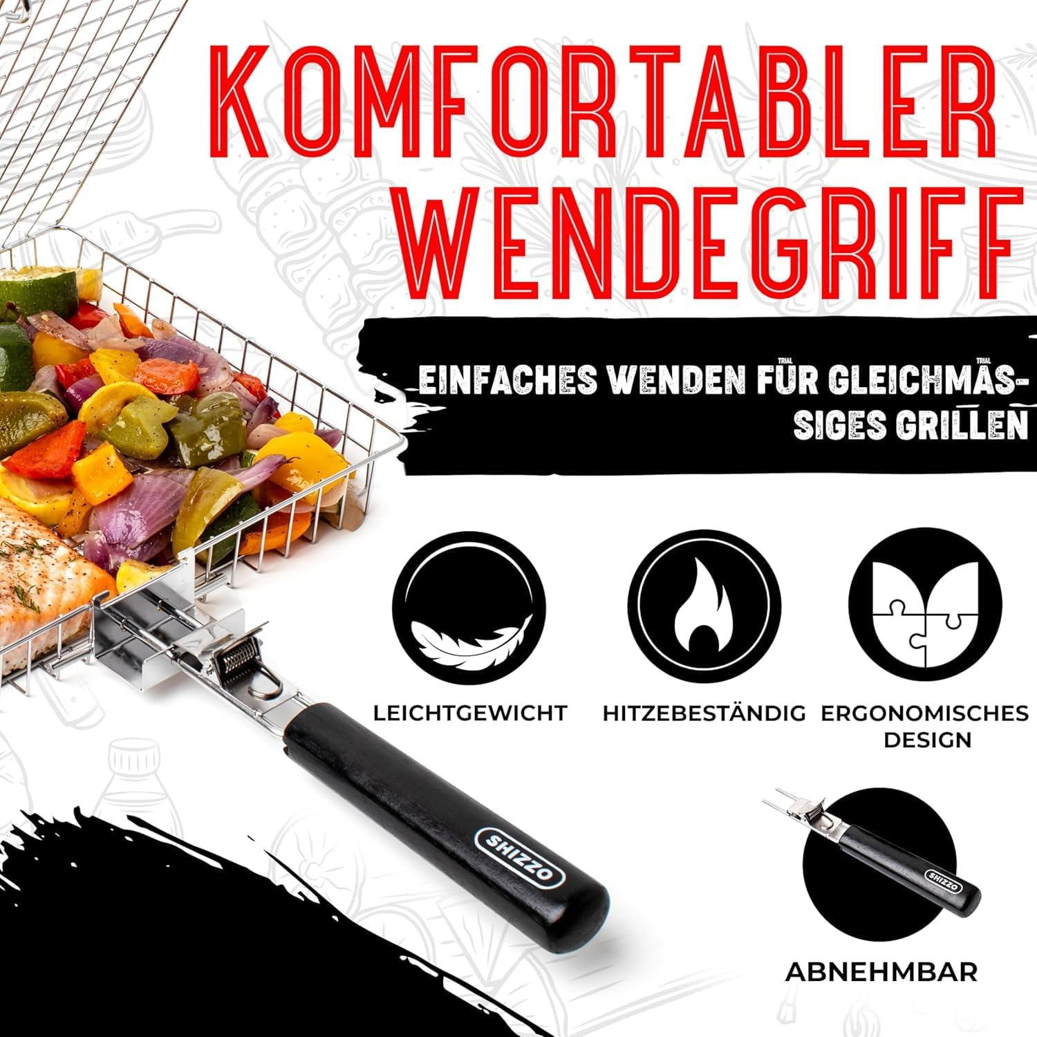 Grillkorb mit Gemüse und Lachs, mit Griff und Symbolen für leicht, hitzebeständig, ergonomisch.
