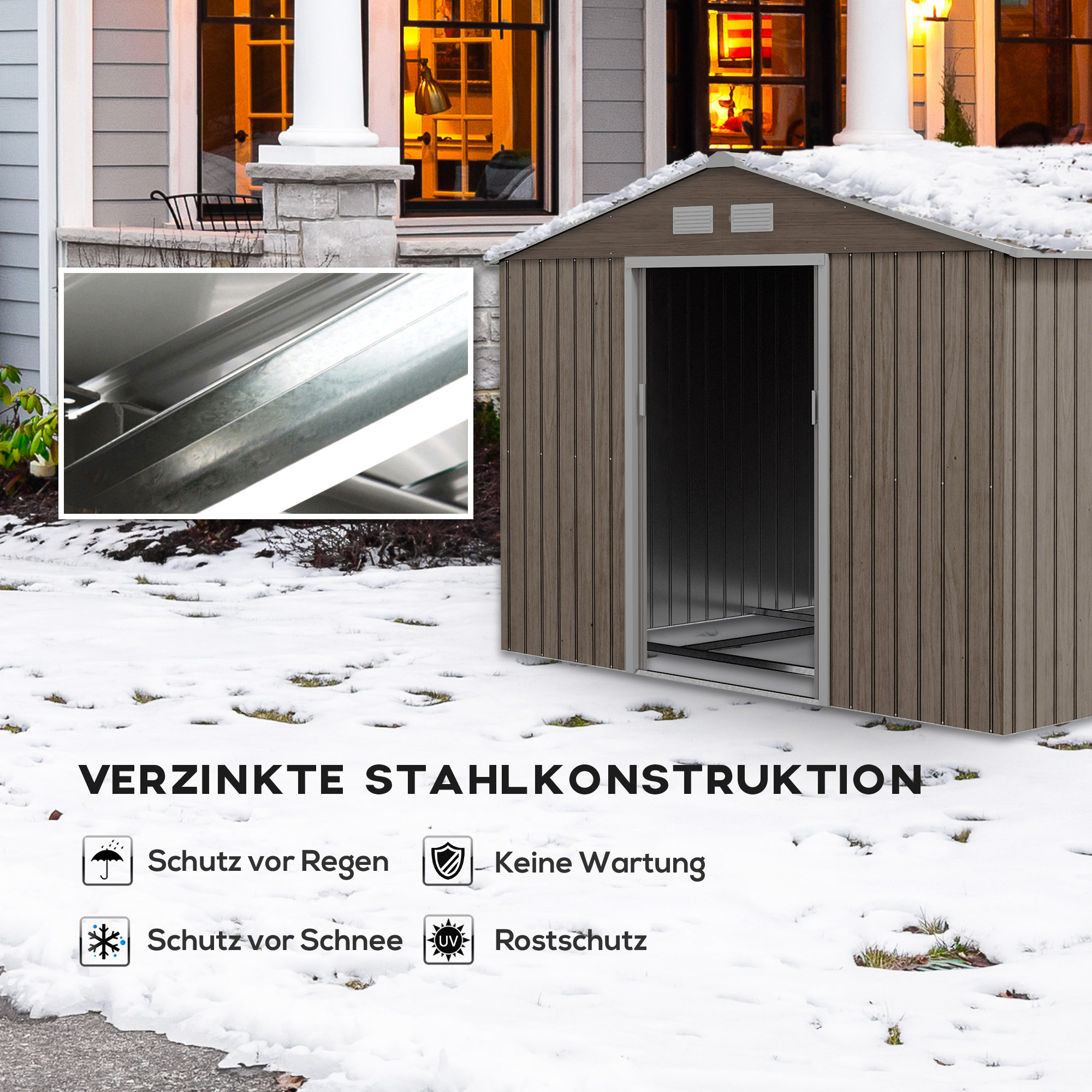 Ein braunes Gartenschuppen mit Schneedecke und ein Haus im Hintergrund.