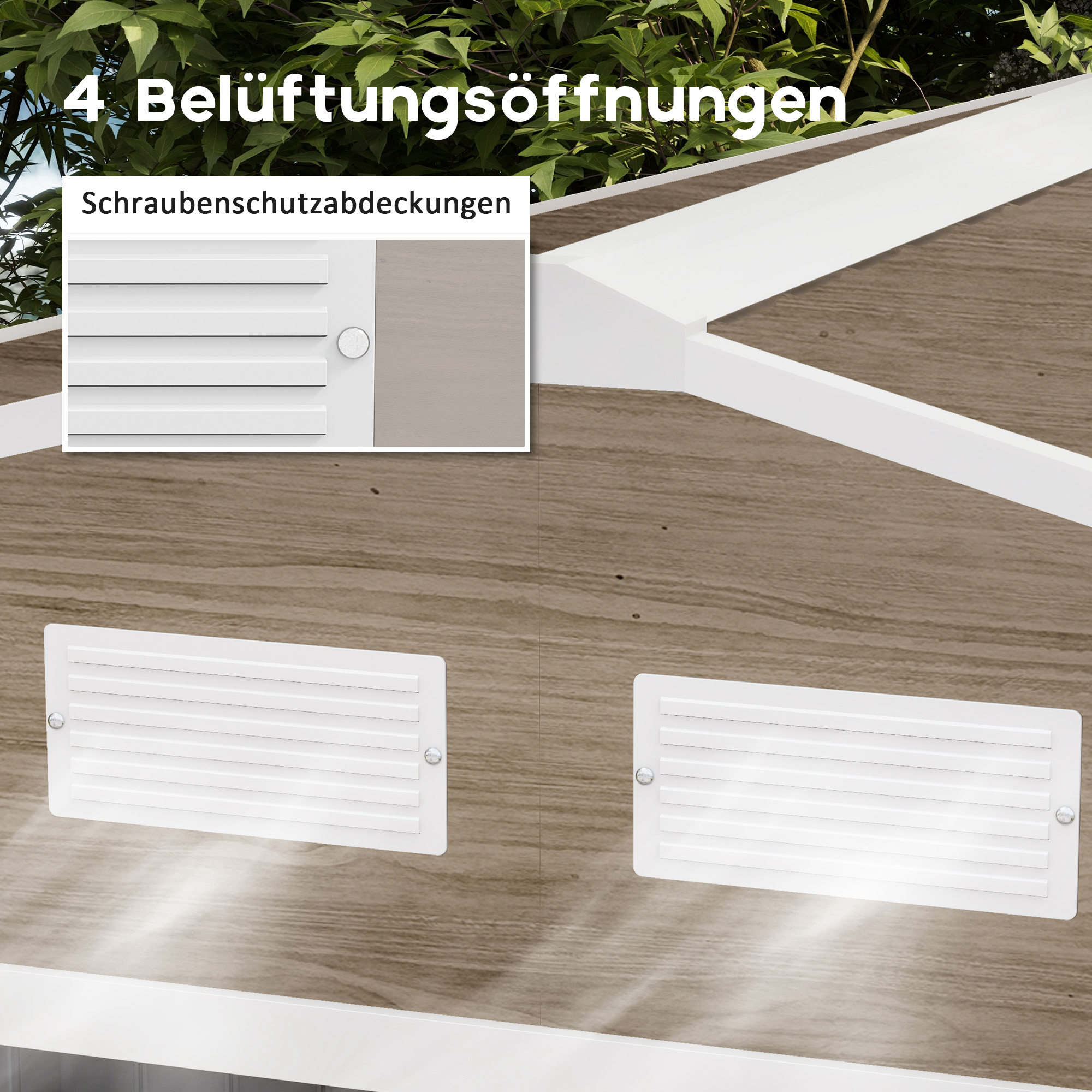 Zwei weiße Lüftungsgitter auf Holzimitat-Wand, mit Schrauben.