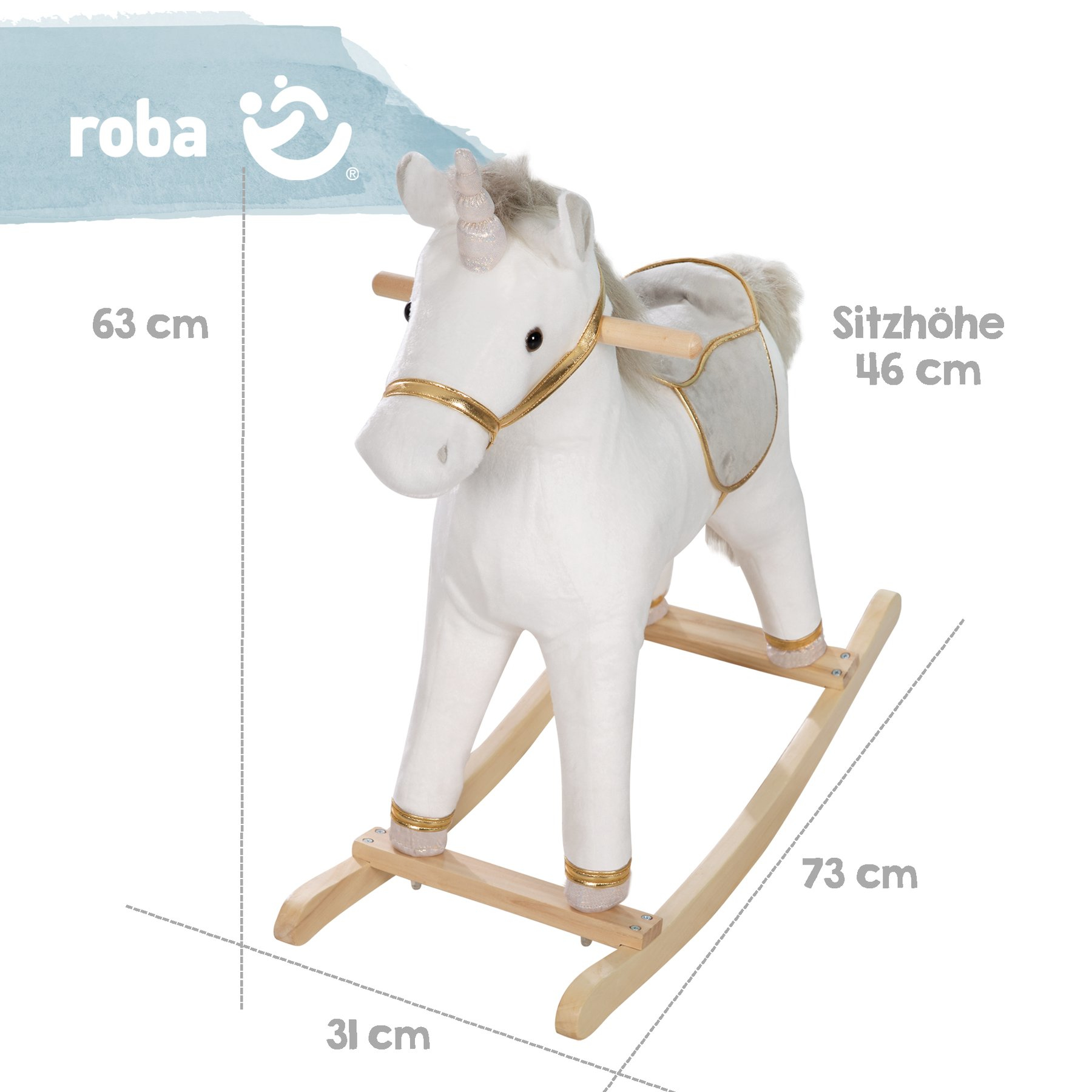 Ein weißes Schaukel-Einhorn mit goldenen Akzenten auf Holzkippern.
