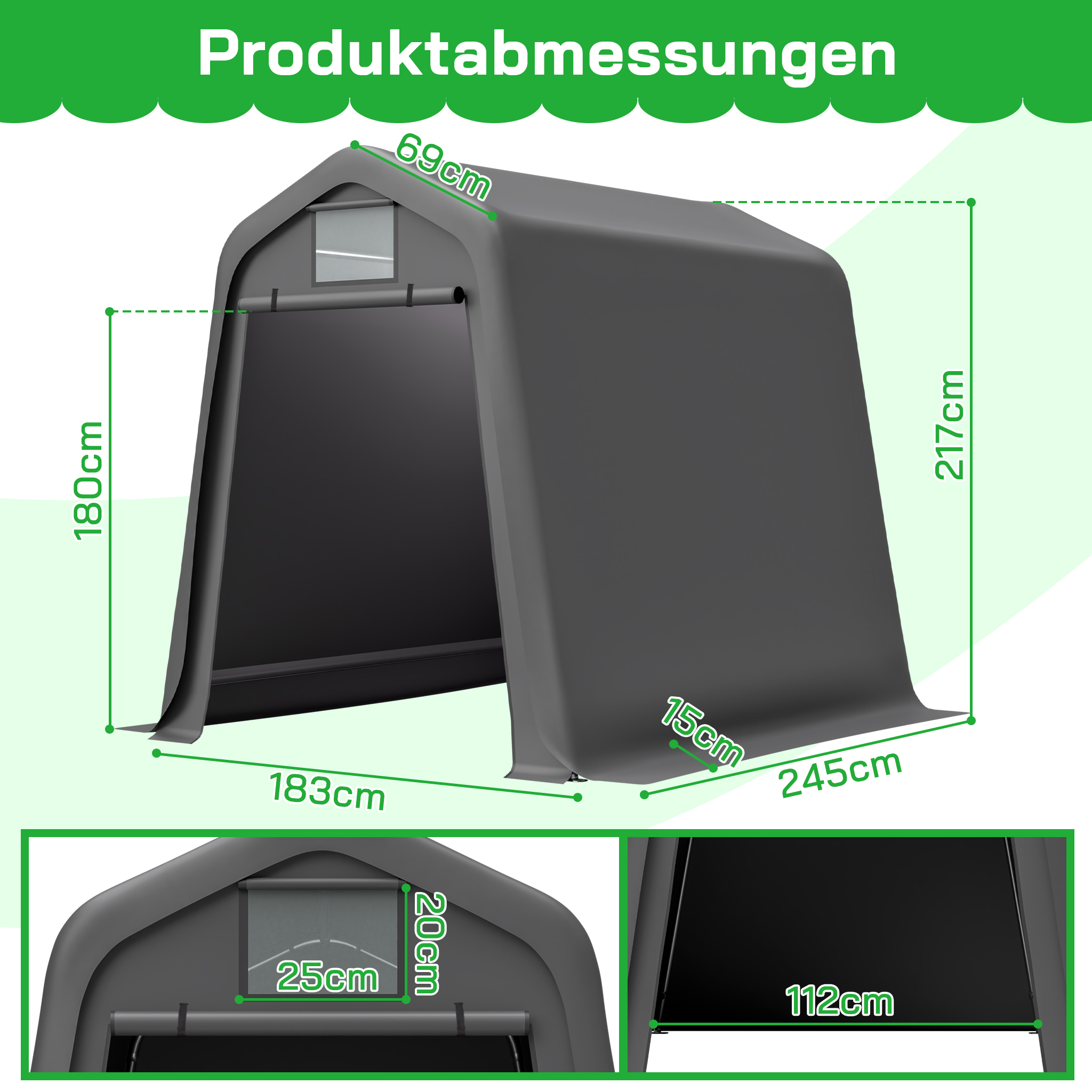 Graues Vordach mit Maßen: 217cm hoch, 183cm breit, 245cm tief. Fenster 25x20cm.