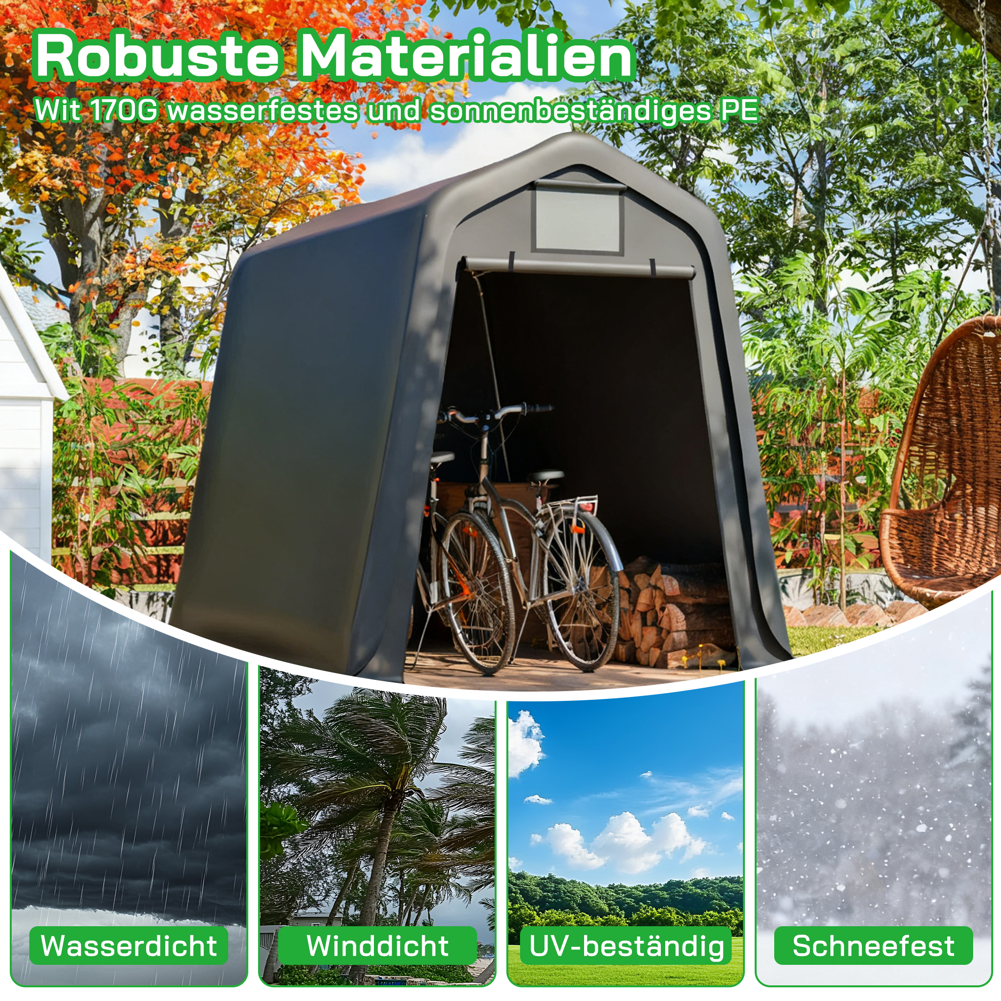 Geräteschuppen mit Fahrrädern, Holz und Hängesessel. Wetterfestigkeit.