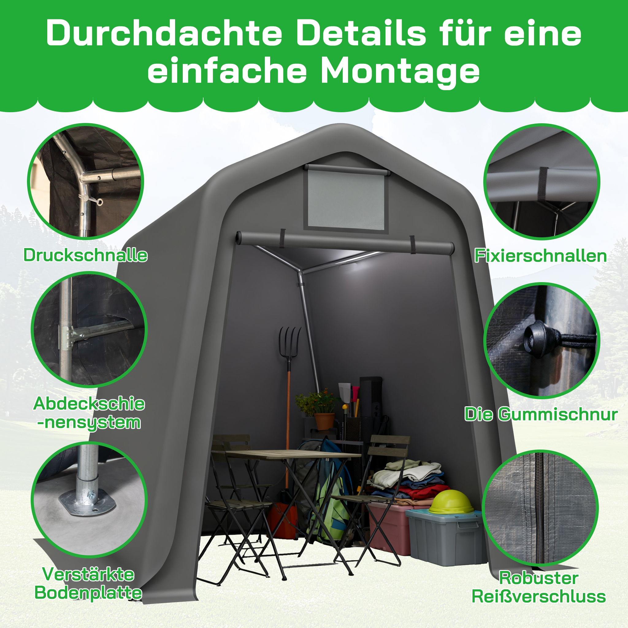 Ein graues Zelt mit vielen Details für einfache Montage, wie Schnallen und Reißverschluss.