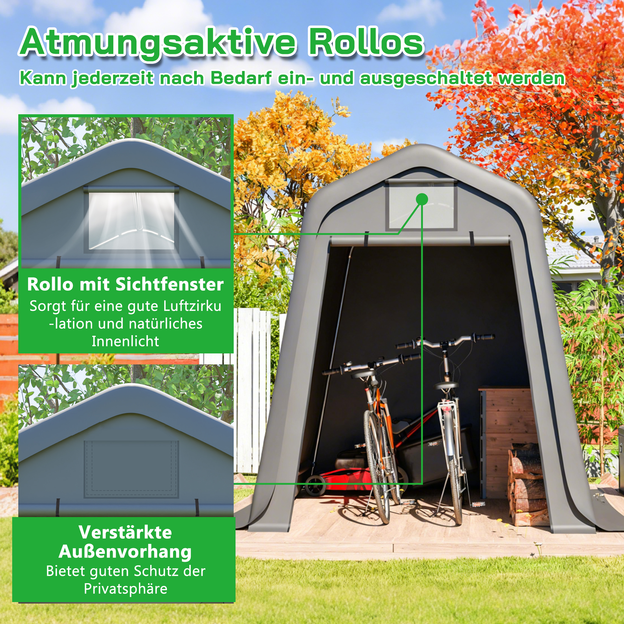 Ein graues Gerätehaus mit Fahrrädern und Rasenmäher. Rollo mit Sichtfenster.