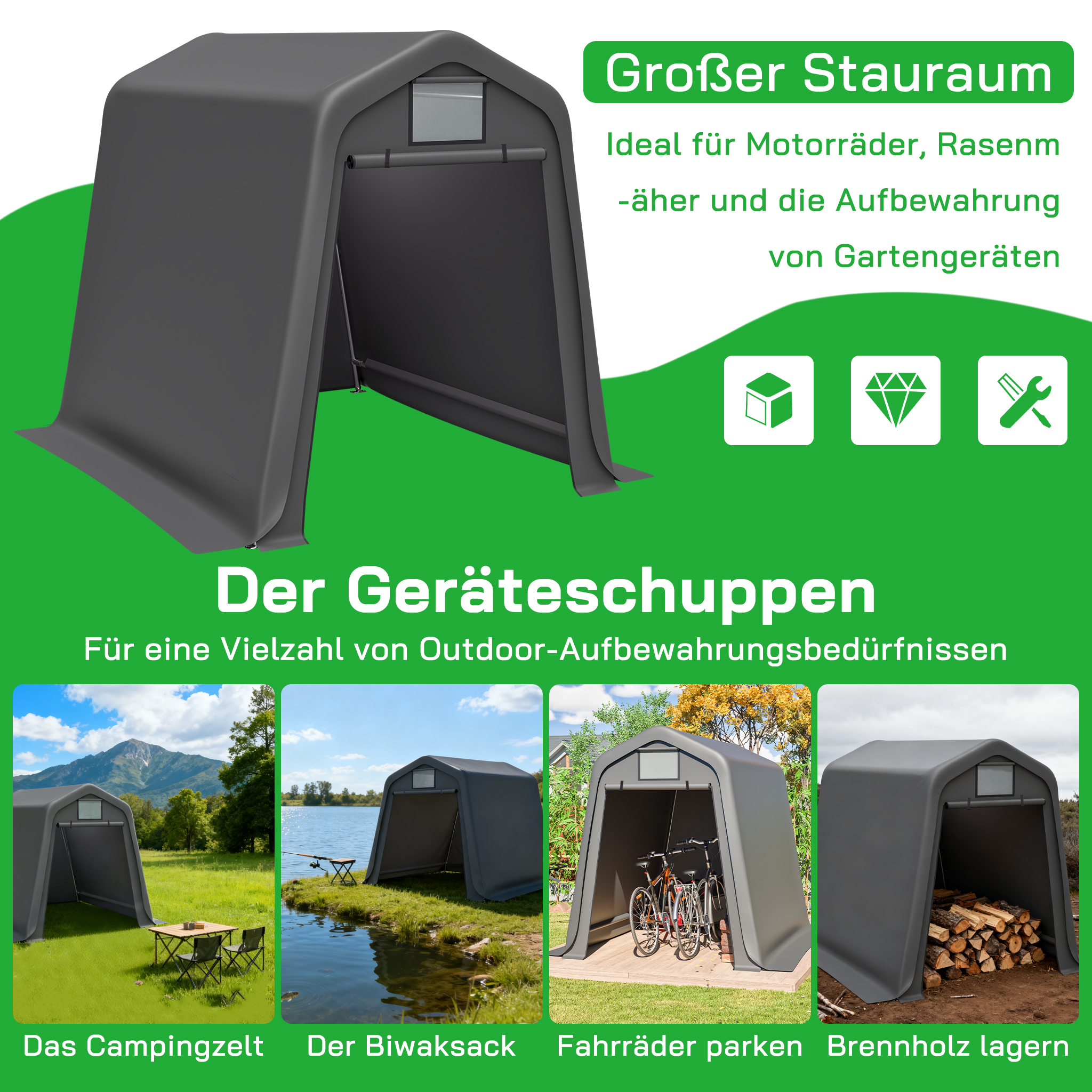Ein grauer Geräteschuppen mit offenem Eingang, daneben vier Bilder von seiner Nutzung.