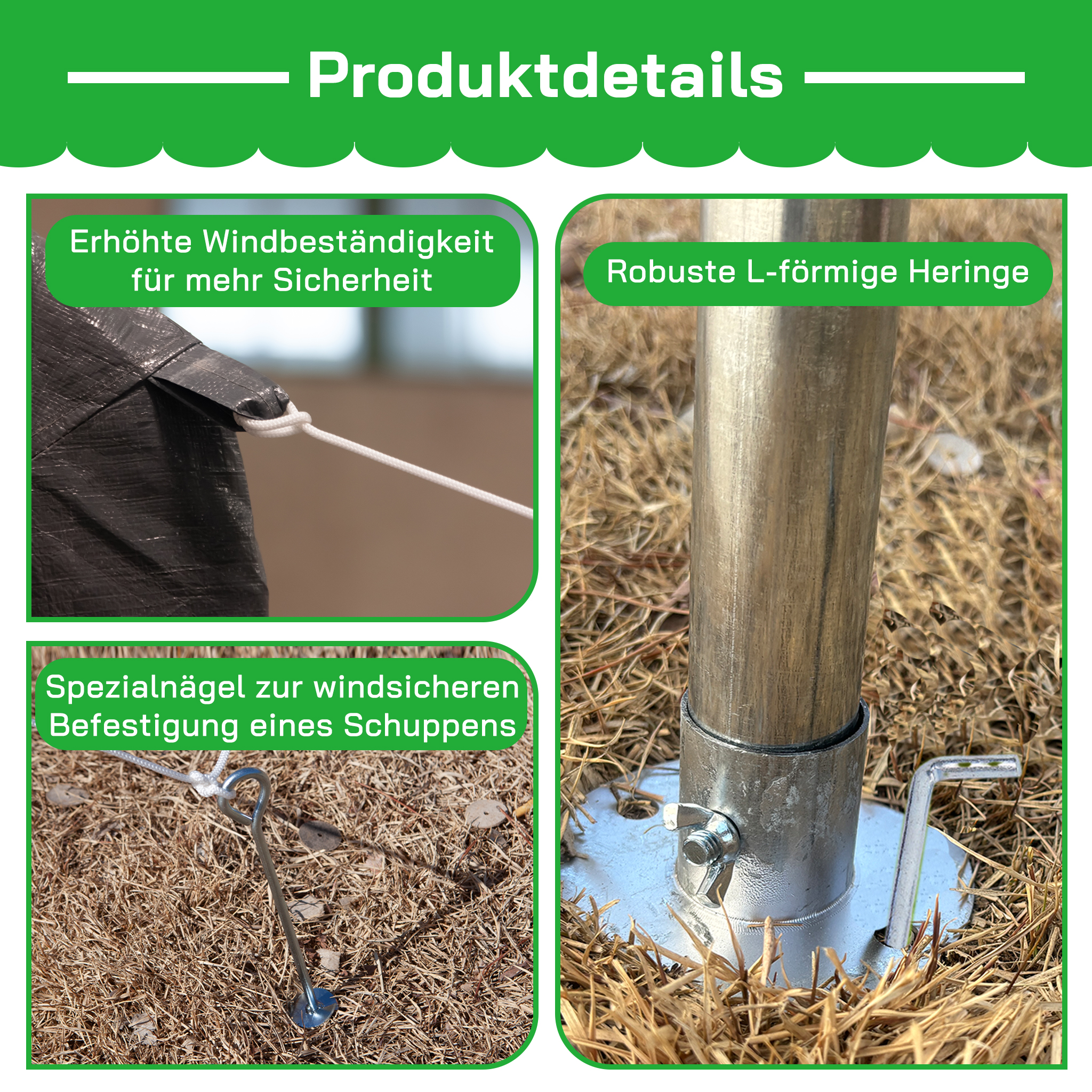 Detailansichten von Produktdetails: Zeltstoff mit Seil, L-förmige Heringe, Erdanker.