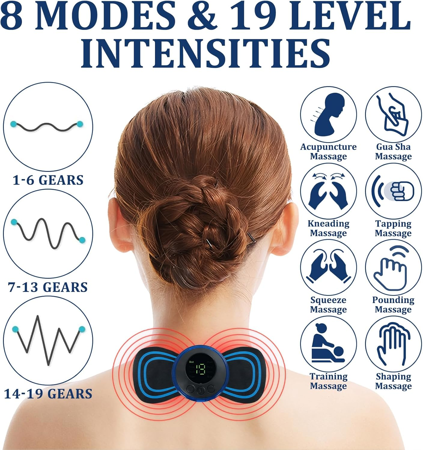 Nackenmassagegerät mit verschiedenen Modi und Intensitätsstufen. Grafiken zeigen Wellenformen und Massagearten.