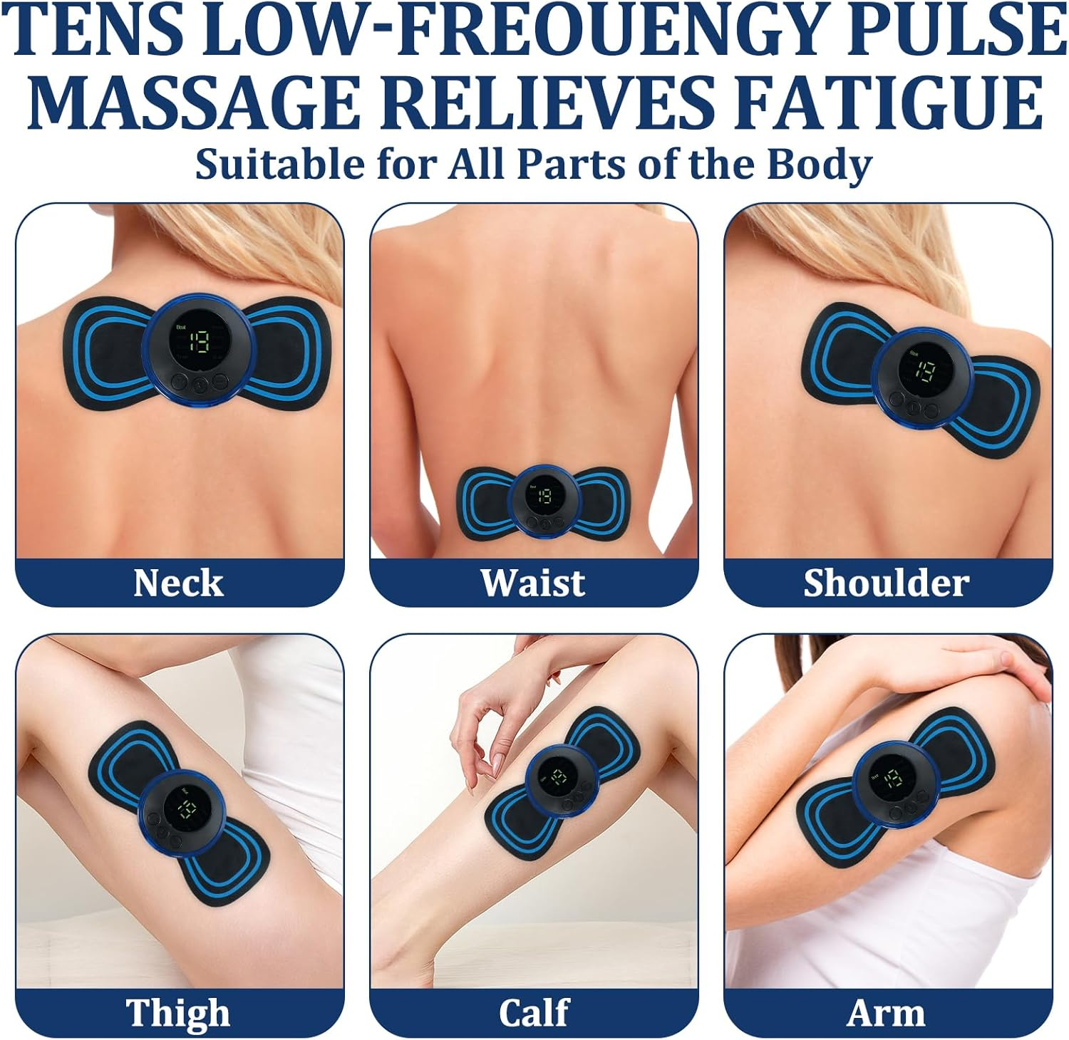 TENS-Massagegeräte an Nacken, Taille, Schulter, Oberschenkel, Wade und Arm.
