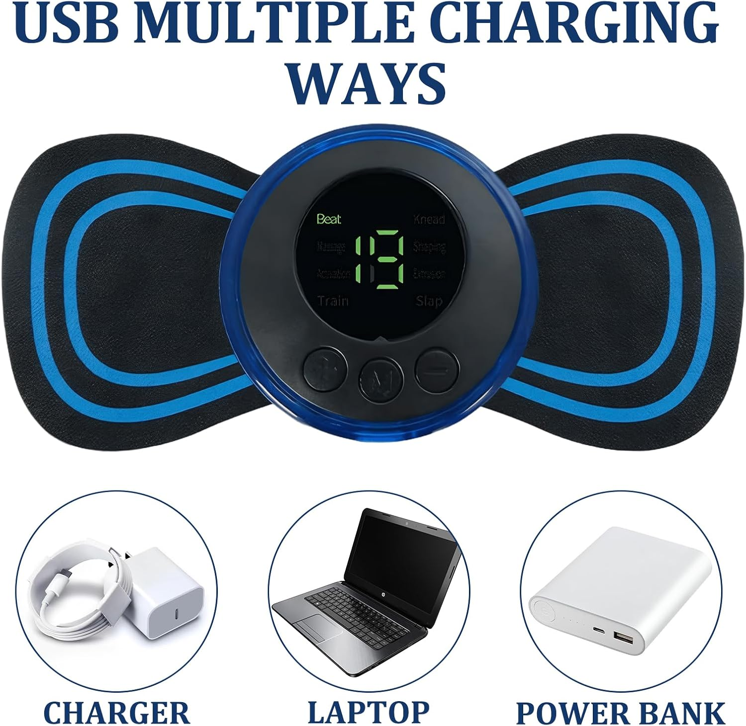 Ein Massagegerät mit USB-Ladeoptionen: Ladegerät, Laptop und Powerbank.