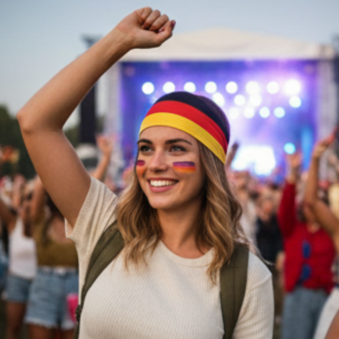 Frau mit Deutschland-Kopfband und Gesichtsbemalung jubelt auf einem Konzert.