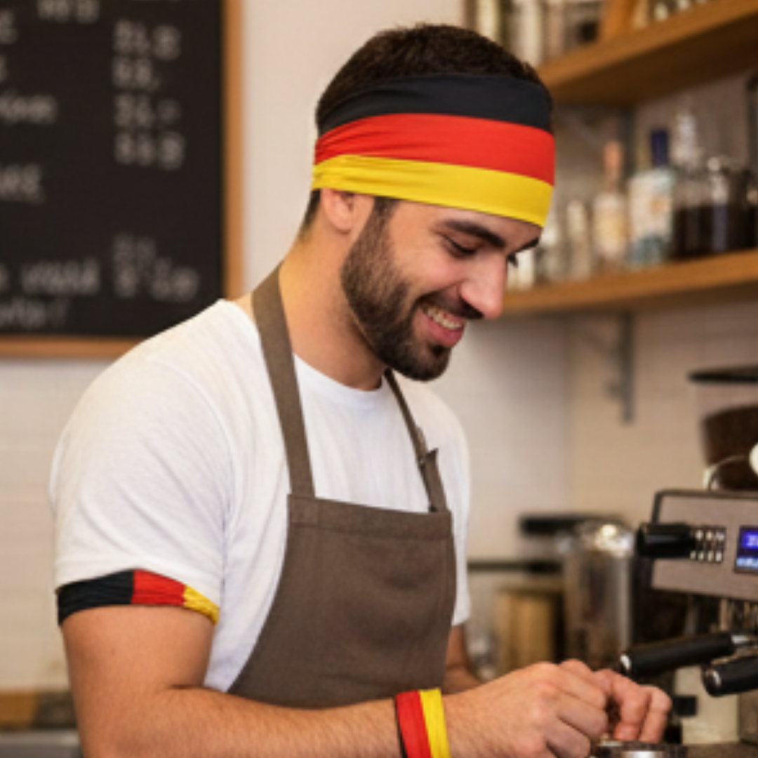Ein Mann trägt ein Stirnband und Armbänder mit deutschen Flaggenfarben.