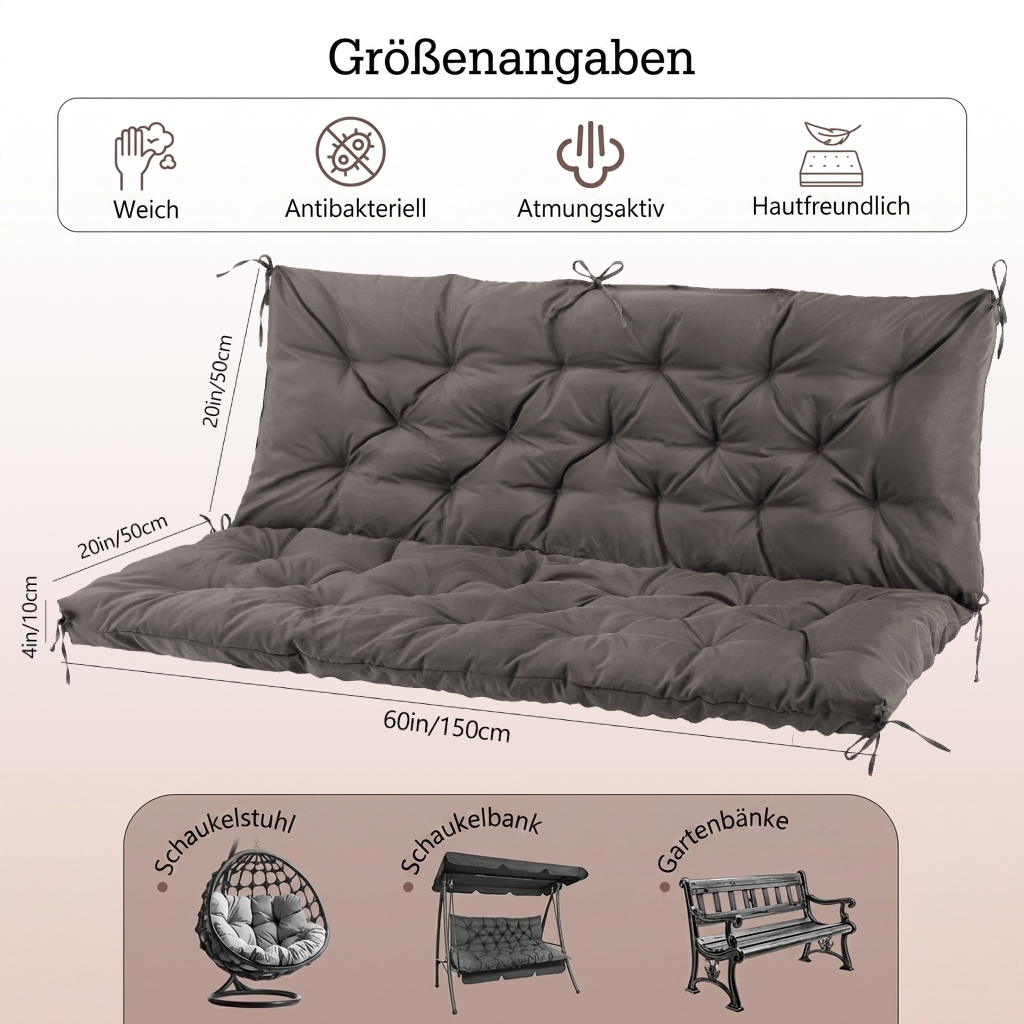 Graues Sitzkissen für Gartenmöbel mit Maßen 150x50x10cm.