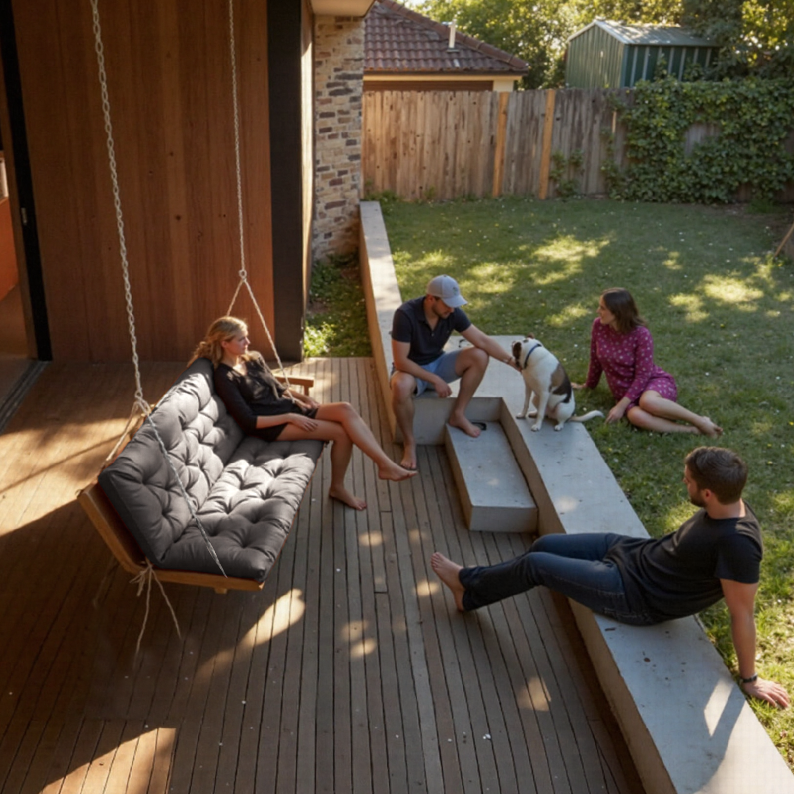 Vier Personen und ein Hund entspannen sich in einem sonnigen Garten auf Holzterrassen und Rasen.