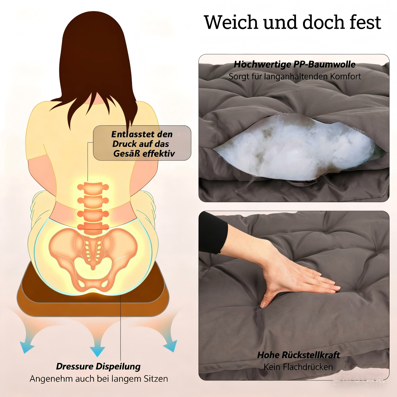 Illustration zeigt Sitzkissen mit Druckentlastung und Komfort durch PP-Baumwolle.