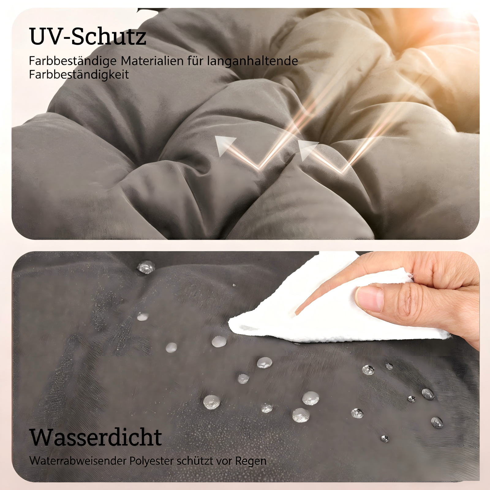 Graues Gewebe mit UV-Schutz und wasserabweisenden Eigenschaften.