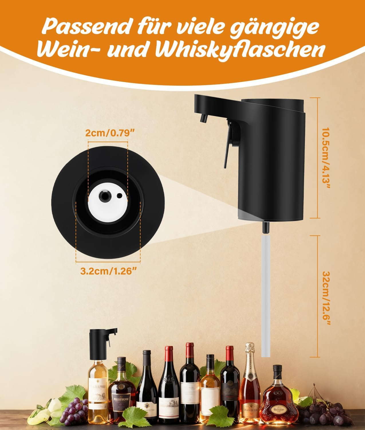 Ein schwarzer Wein- und Whiskyflaschenspender mit Maßen wird gezeigt.
