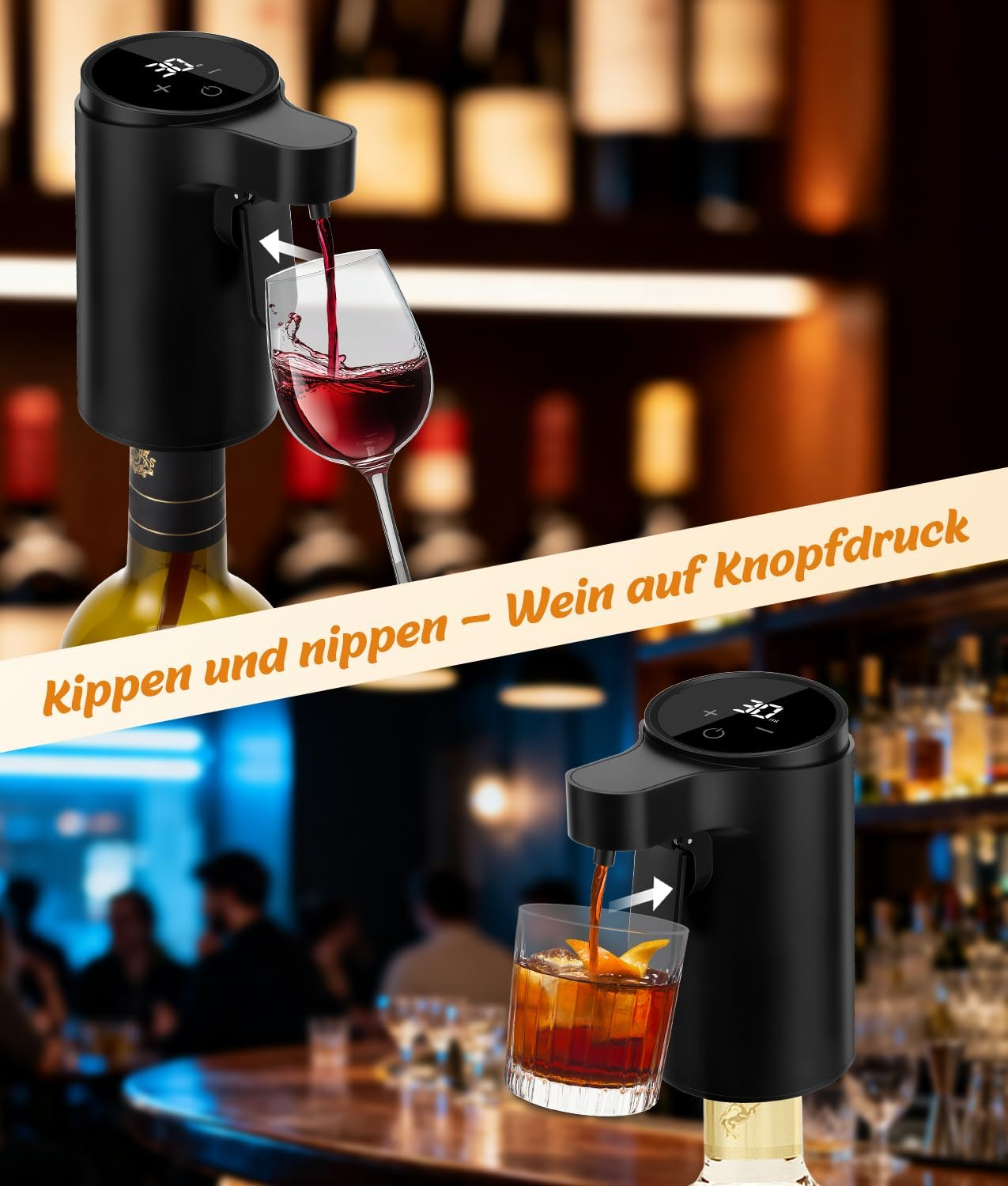 Elektrischer Weinspender gießt Wein in ein Glas und einen Cocktail in ein anderes.
