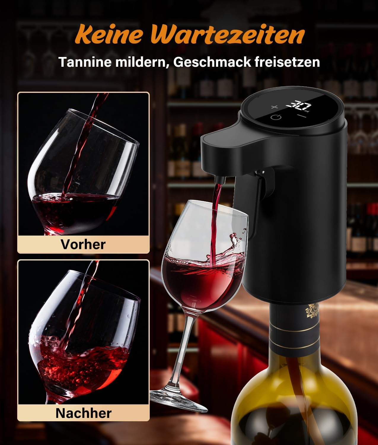Elektrischer Weinausgießer belüftet Rotwein in ein Glas. Vorher/Nachher-Vergleich.