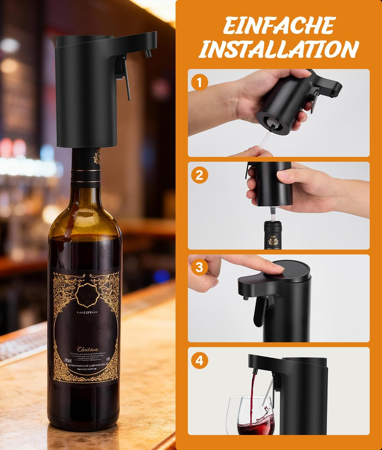 Eine schwarze Weinpumpe auf einer Flasche neben Installationsschritten.