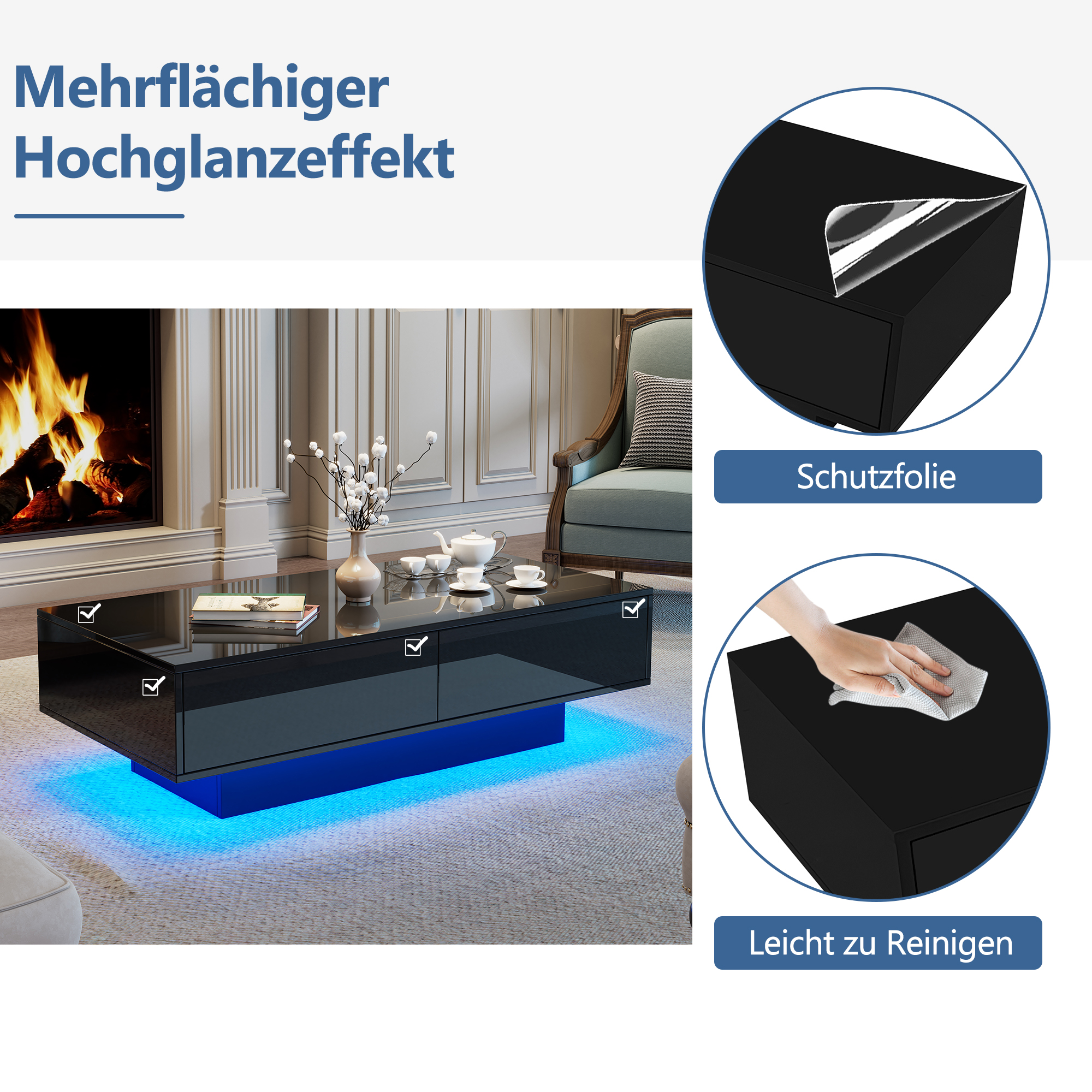 Schwarzer Hochglanz-Couchtisch mit blauner LED-Beleuchtung, Kamin und Sessel.